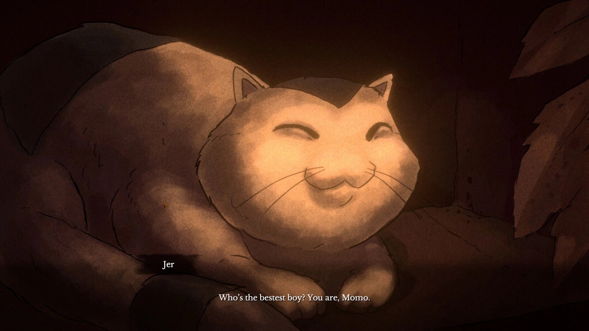 The Monkey’s Paw: Close-up of smiling cat Momo as dialogue text appears in a dim brown scene.