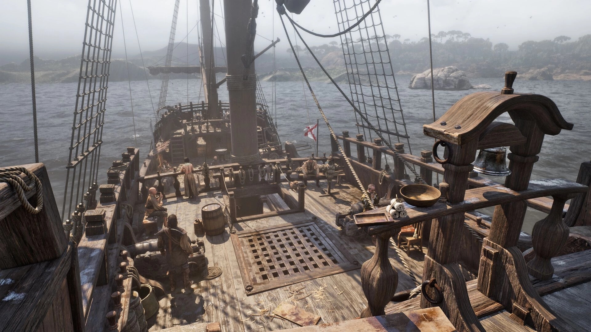 The Mound: Explorers stand on a wooden ship deck with rigging and barrels, sailing past jungle coast.