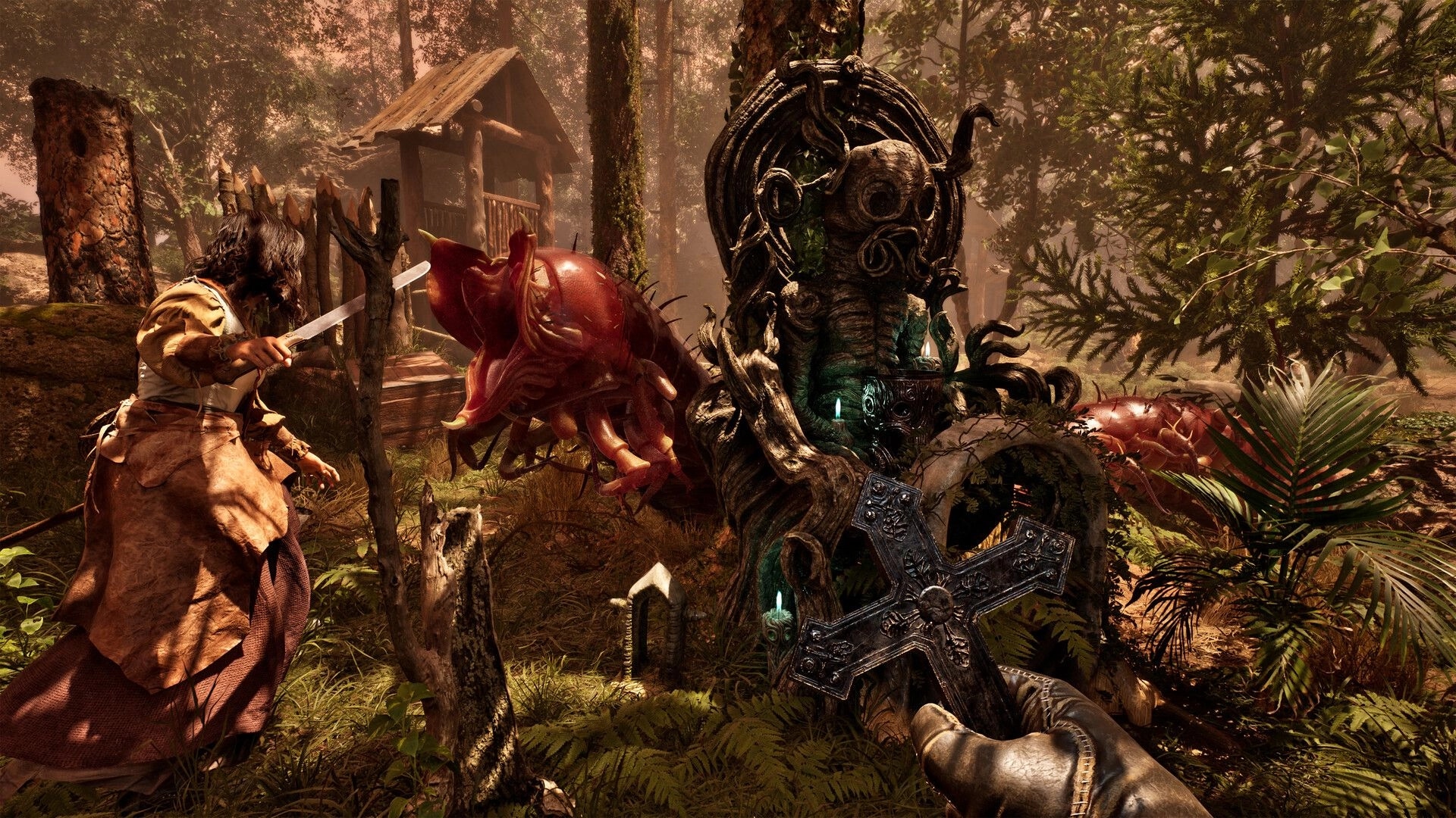 The Mound: Player holds a cross as a teammate with knives faces red insects in a jungle camp.