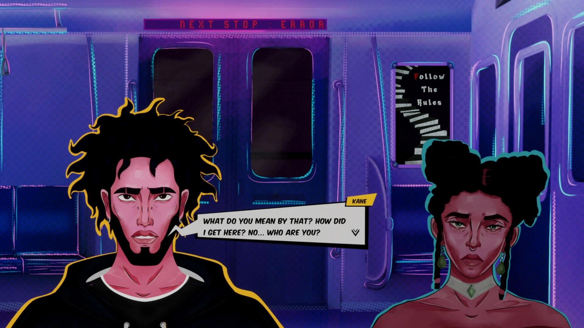 The Next Stop: Kane questions a mysterious woman in a dimly lit subway car with a "Follow The Rules" sign.