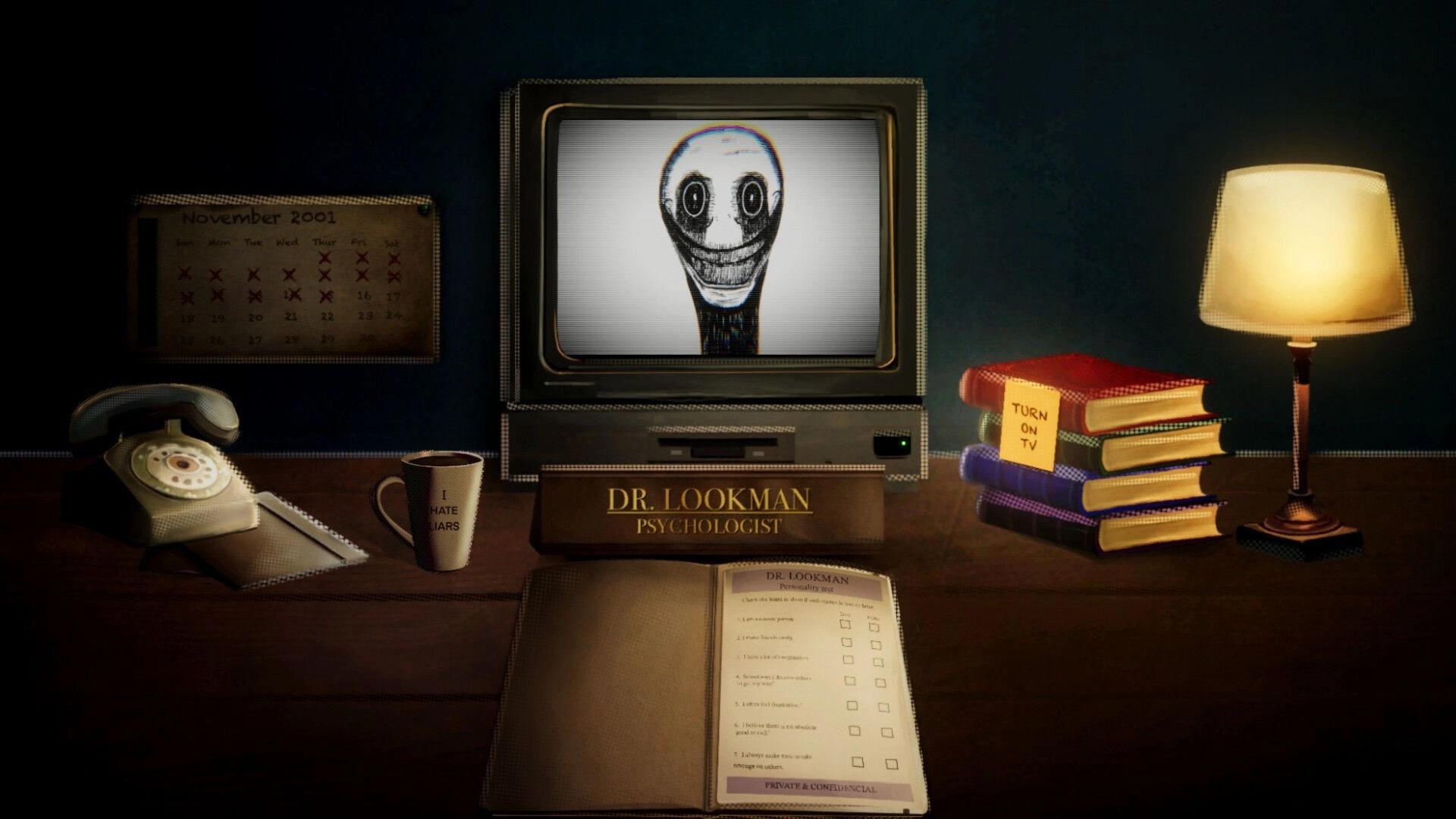 The Next Stop: Eerie TV screen with unsettling face in Dr. Lookman's dimly lit psychologist office