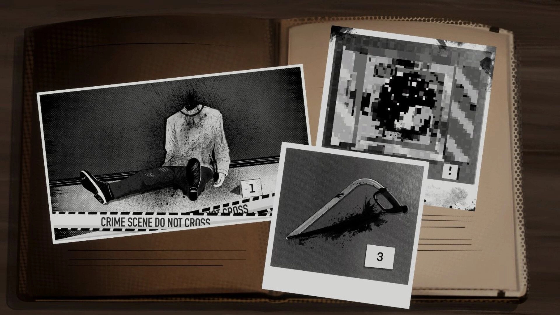 The Next Stop: Evidence photos of a crime scene displayed on an open notebook in a dimly lit room