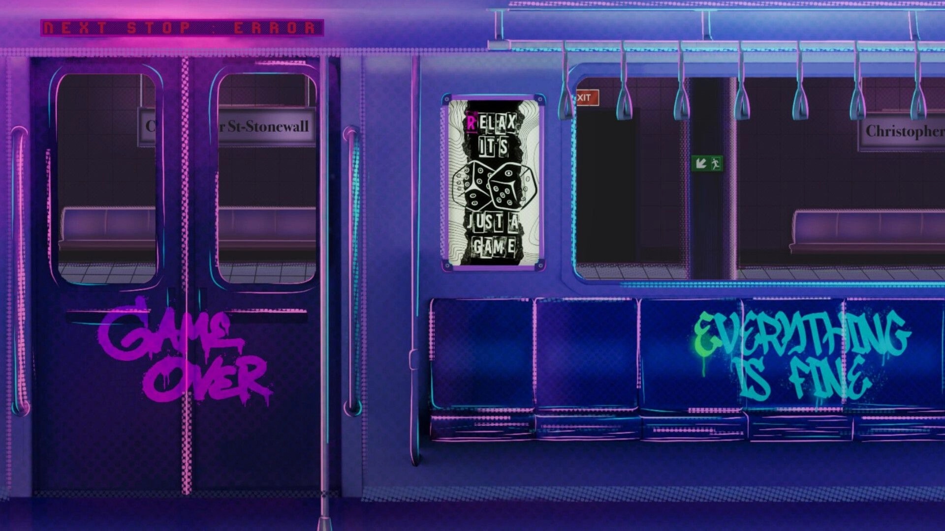 The Next Stop: Graffiti-covered subway car with neon signs "Game Over" and "Relax, It's Just a Game"