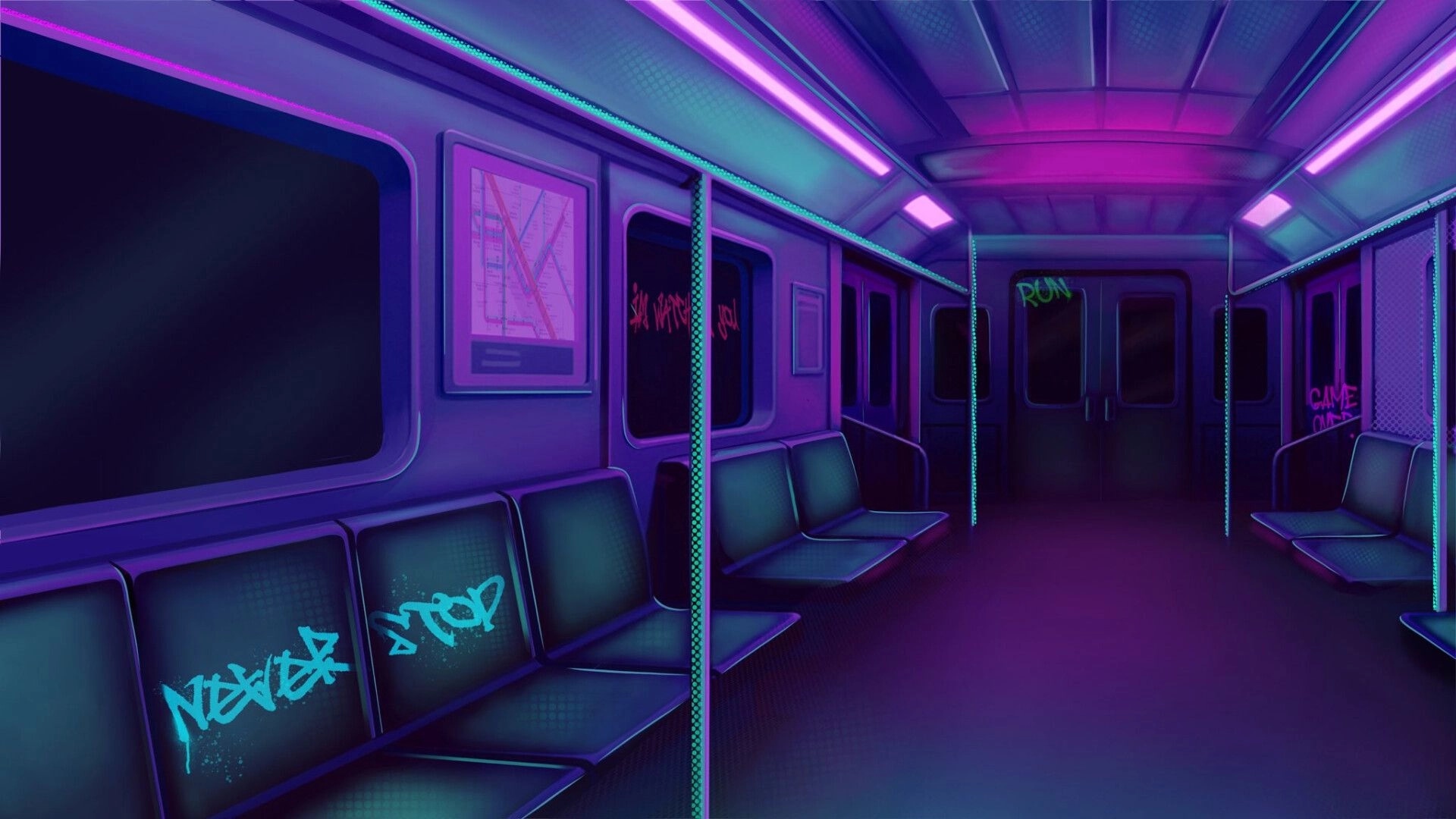 The Next Stop: Neon-lit empty subway car with graffiti on seats and walls in a mysterious atmosphere
