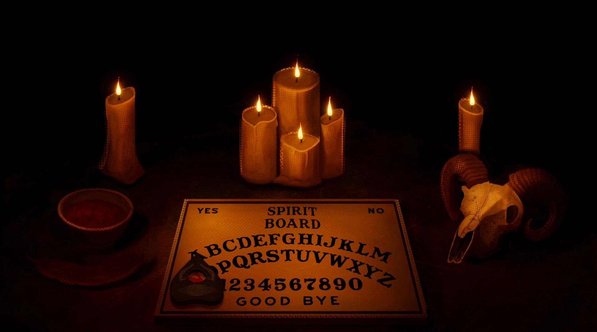 The Next Stop: Candlelit spirit board session with skull and planchette in dark, mysterious setting