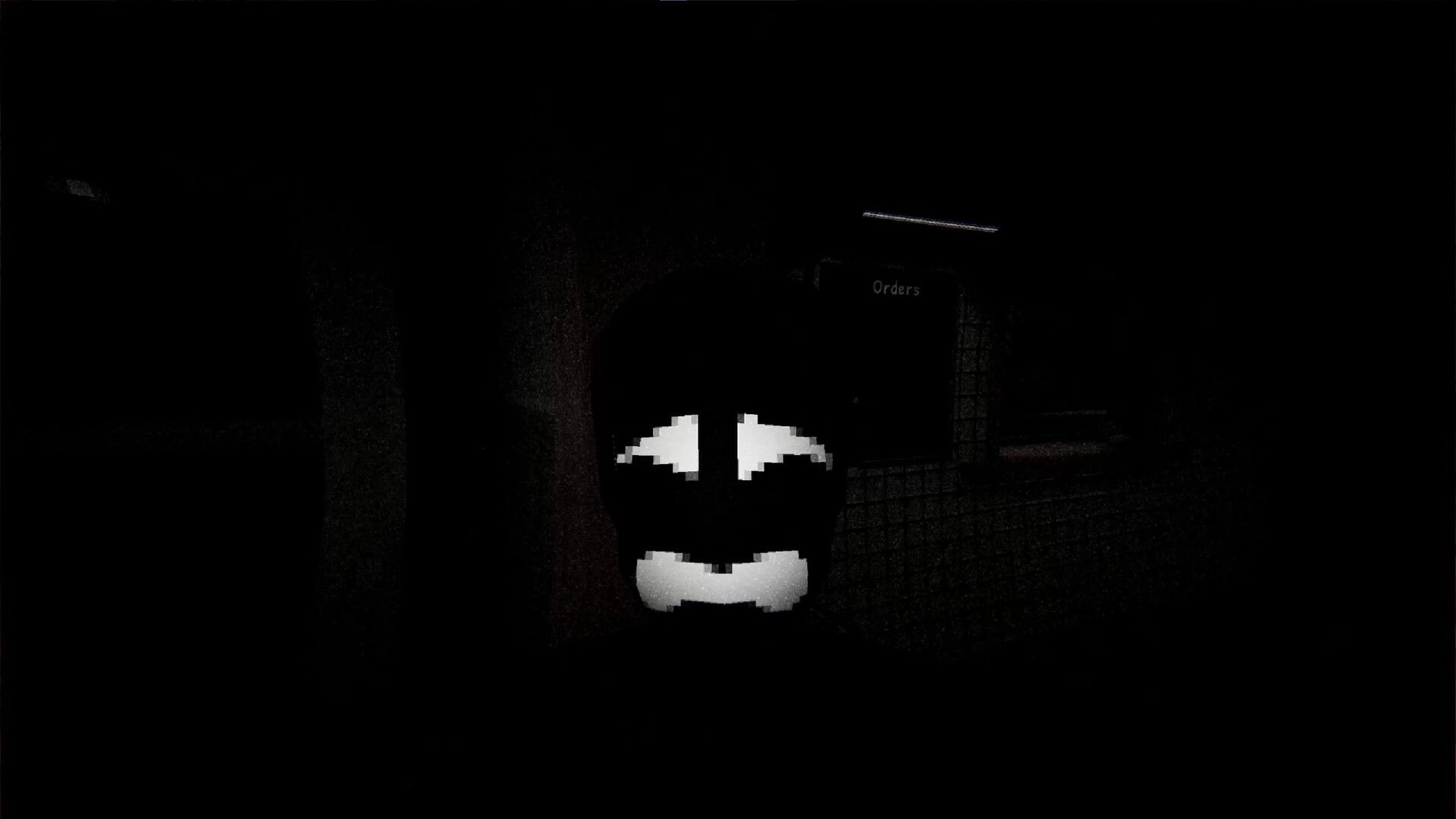 The Night Kitchen: Pixelated grinning face looms in darkness near an "Orders" window in kitchen corridor.