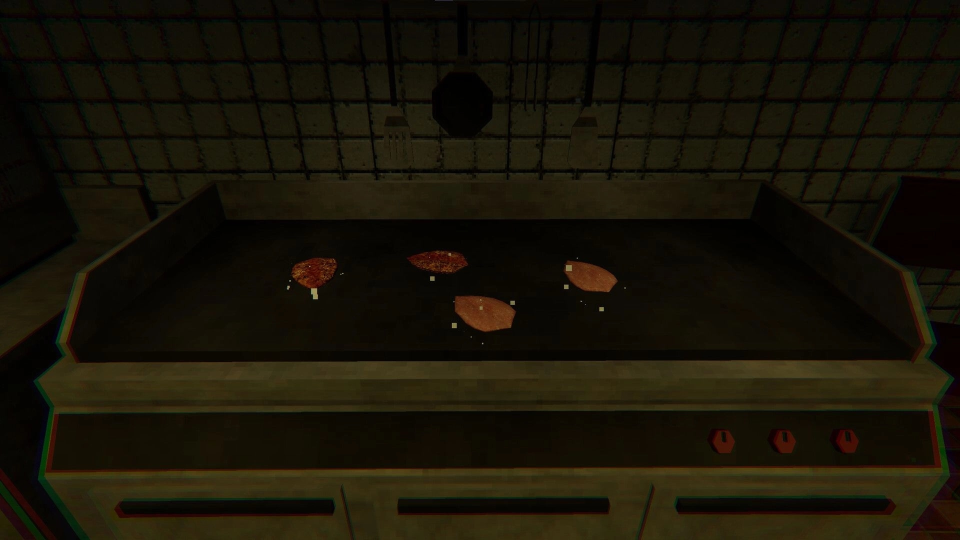 The Night Kitchen: Four meat patties sizzling on a flat-top grill in a dim, grimy kitchen station.