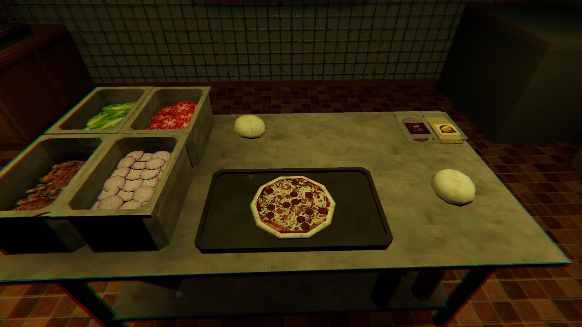 The Night Kitchen: Pepperoni pizza on prep tray beside dough and ingredient bins in tiled kitchen prep area.
