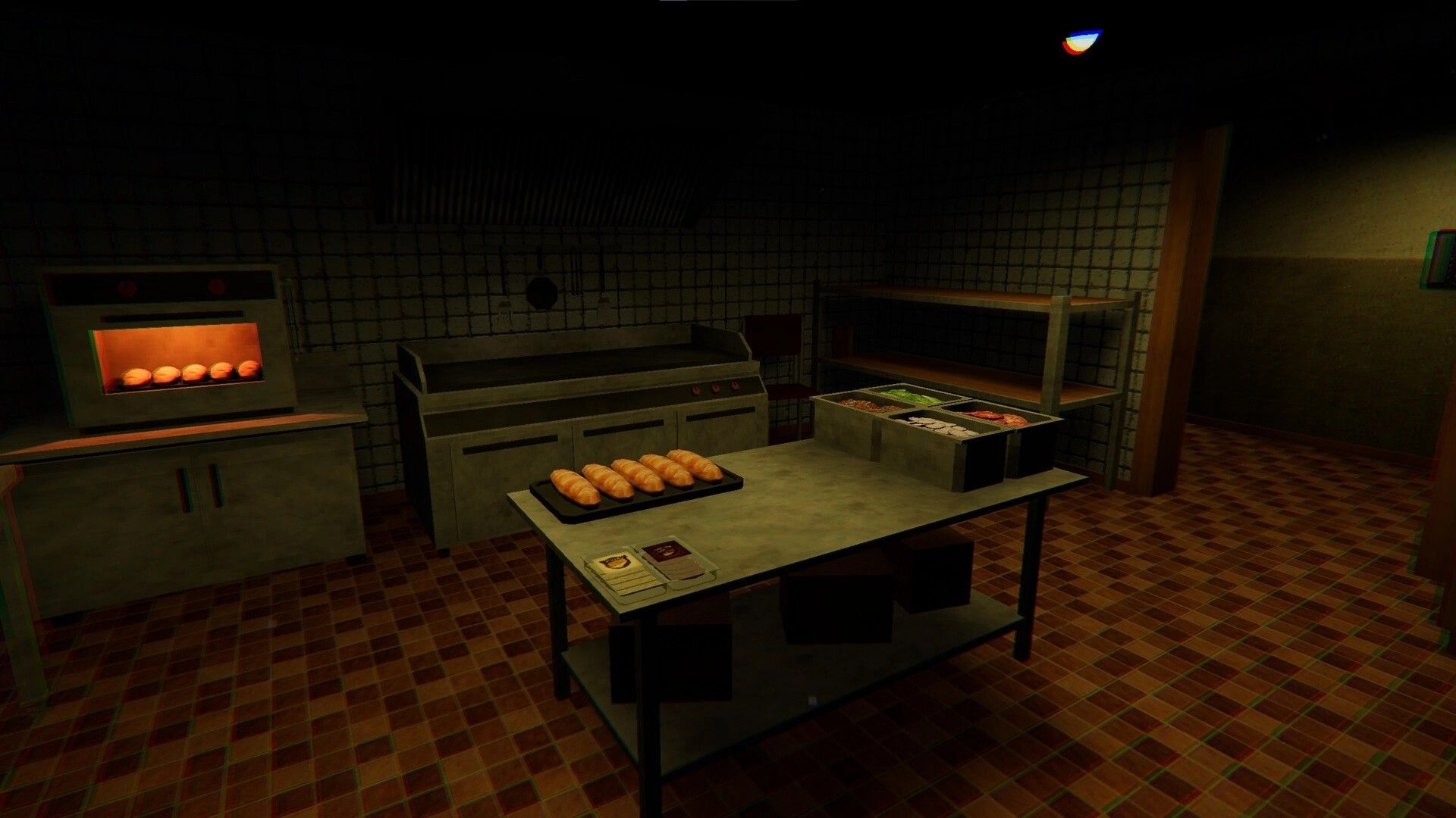 The Night Kitchen: Prep table with buns and ingredient bins in a dim tiled kitchen by ovens.