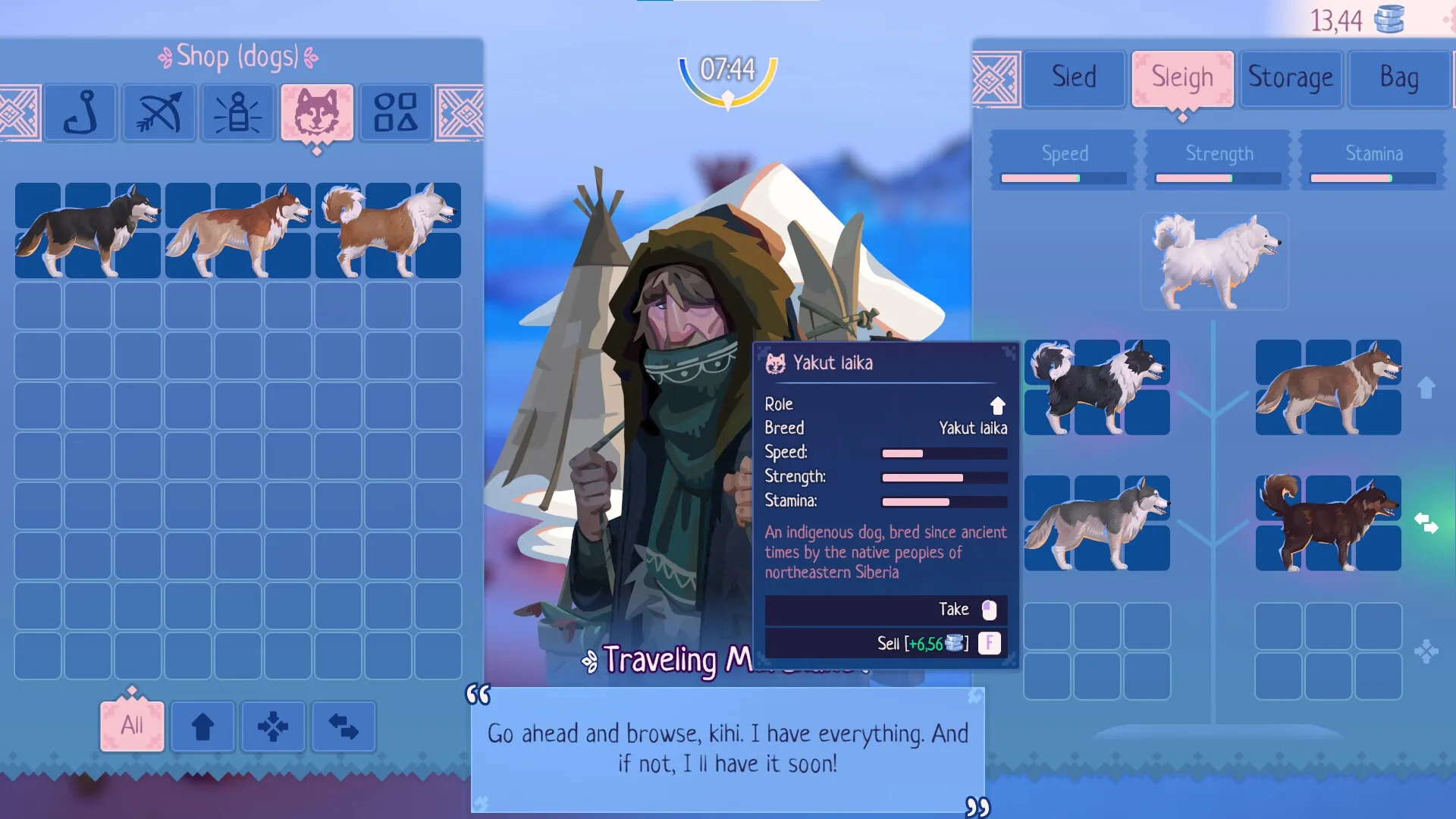 The Northern Path: Dog selection screen with Yakut laika breed stats and trader dialogue in snowy camp.