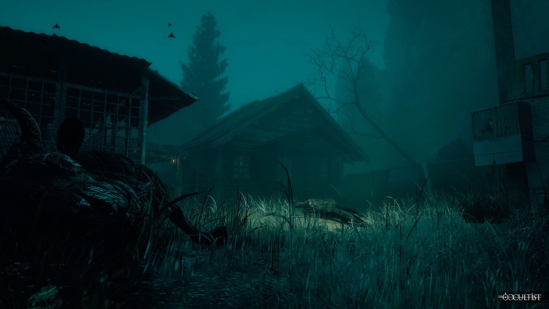 The Occultist: Eerie forest clearing with abandoned cabins and dim moonlight on GodStone island