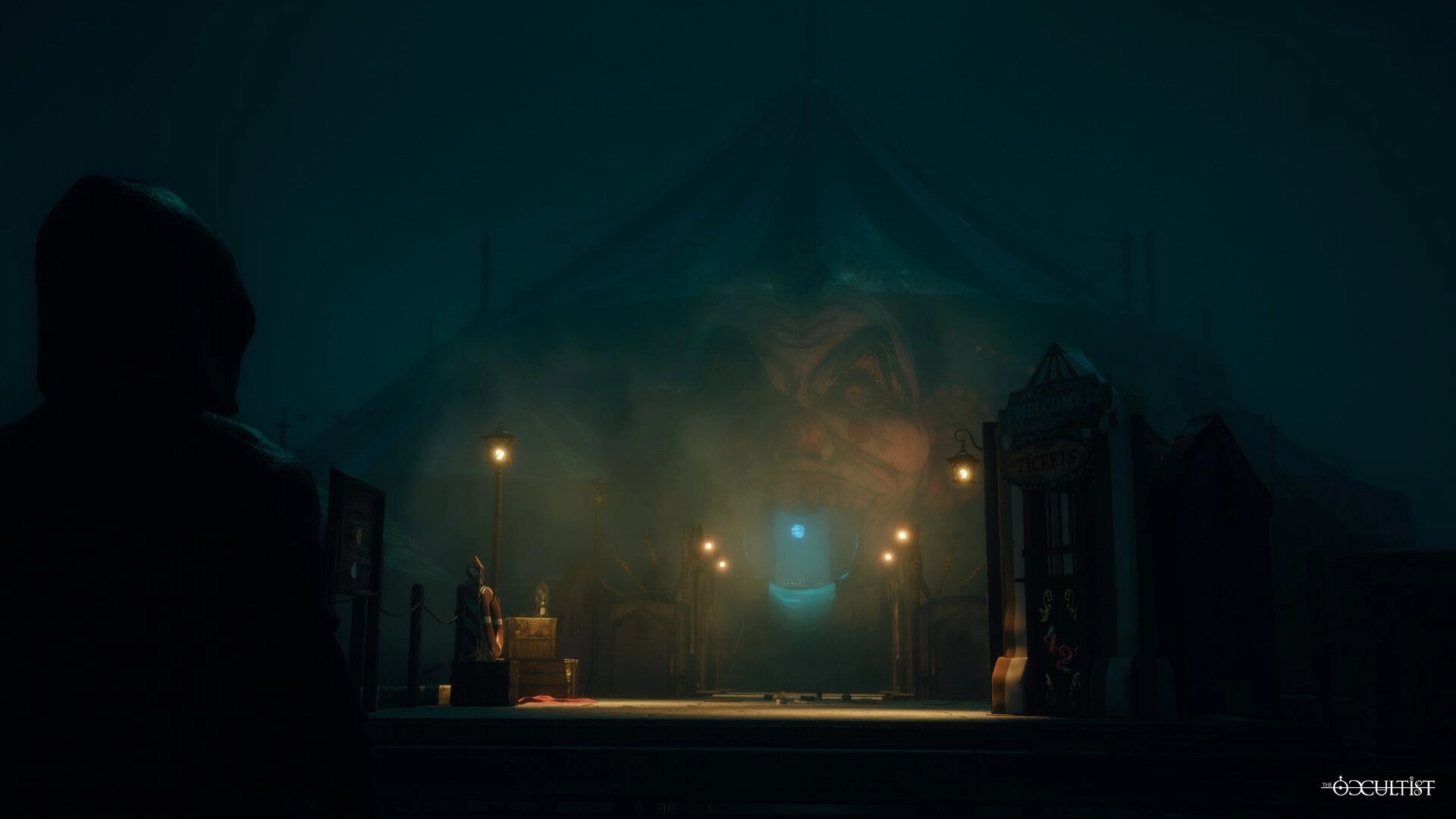 The Occultist: Alan Rebels approaches a foggy, eerie circus tent with a sinister face entrance