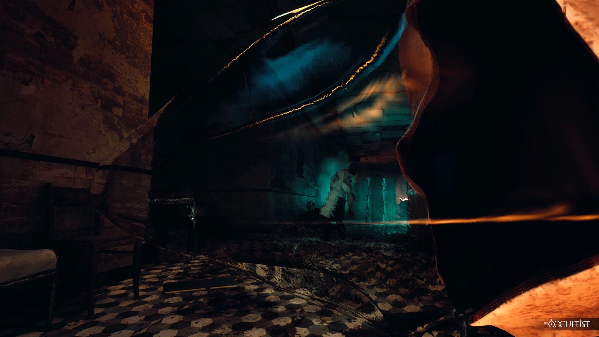 The Occultist: Alan Rebels explores eerie, dimly lit corridor with supernatural glow on GodStone island
