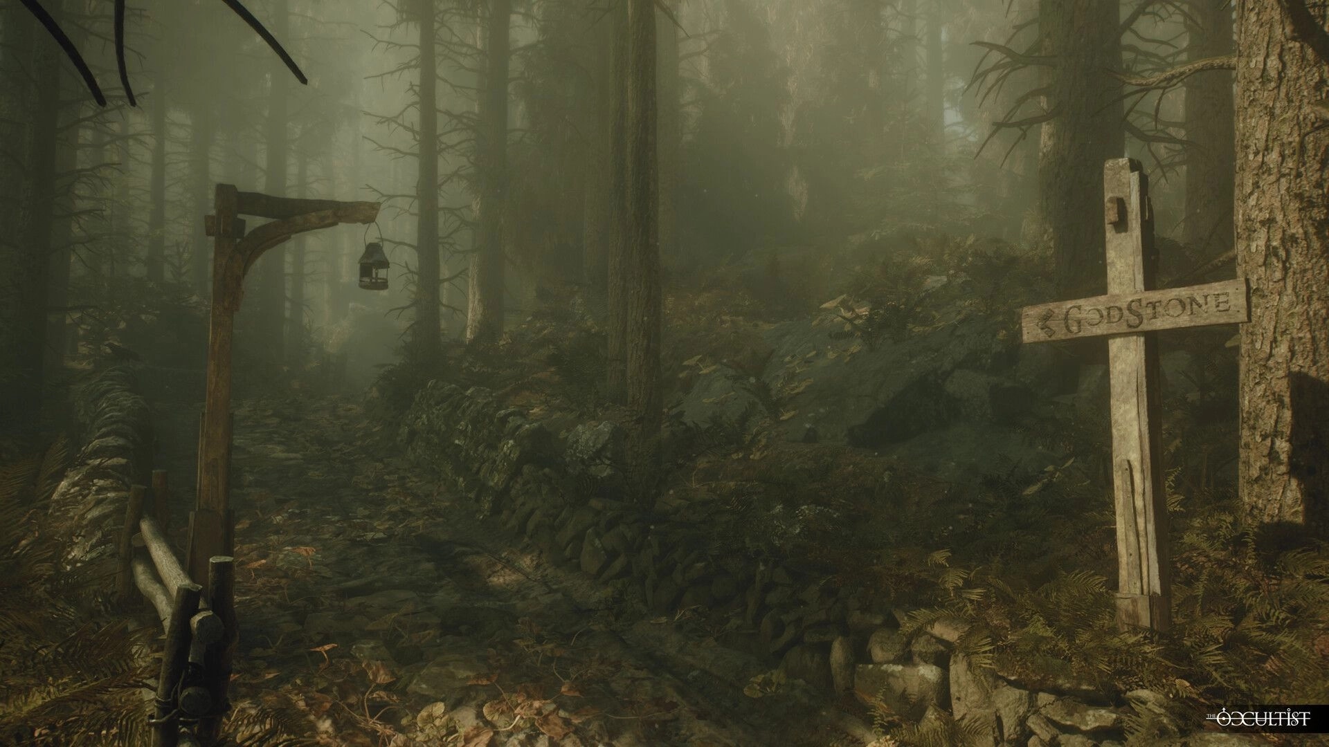 The Occultist: Foggy forest path with wooden lantern post and GodStone sign in eerie woodland setting