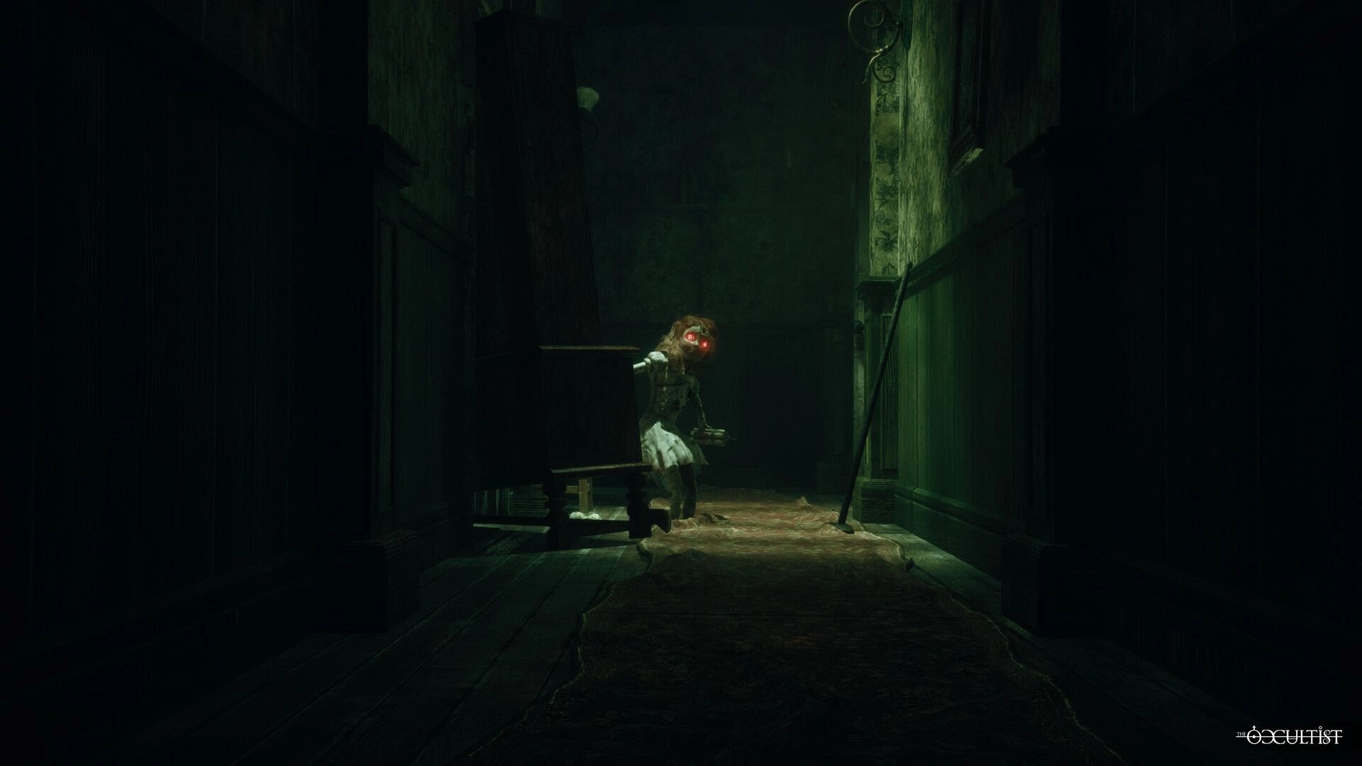 The Occultist: Creepy doll-like entity with glowing eyes lurking in a dimly lit, narrow hallway.