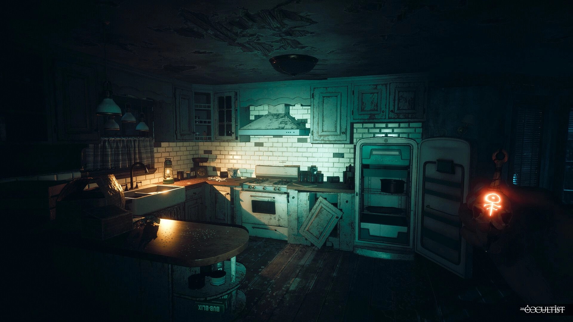 The Occultist: Alan holds glowing symbol in dim, abandoned kitchen with open fridge on GodStone island