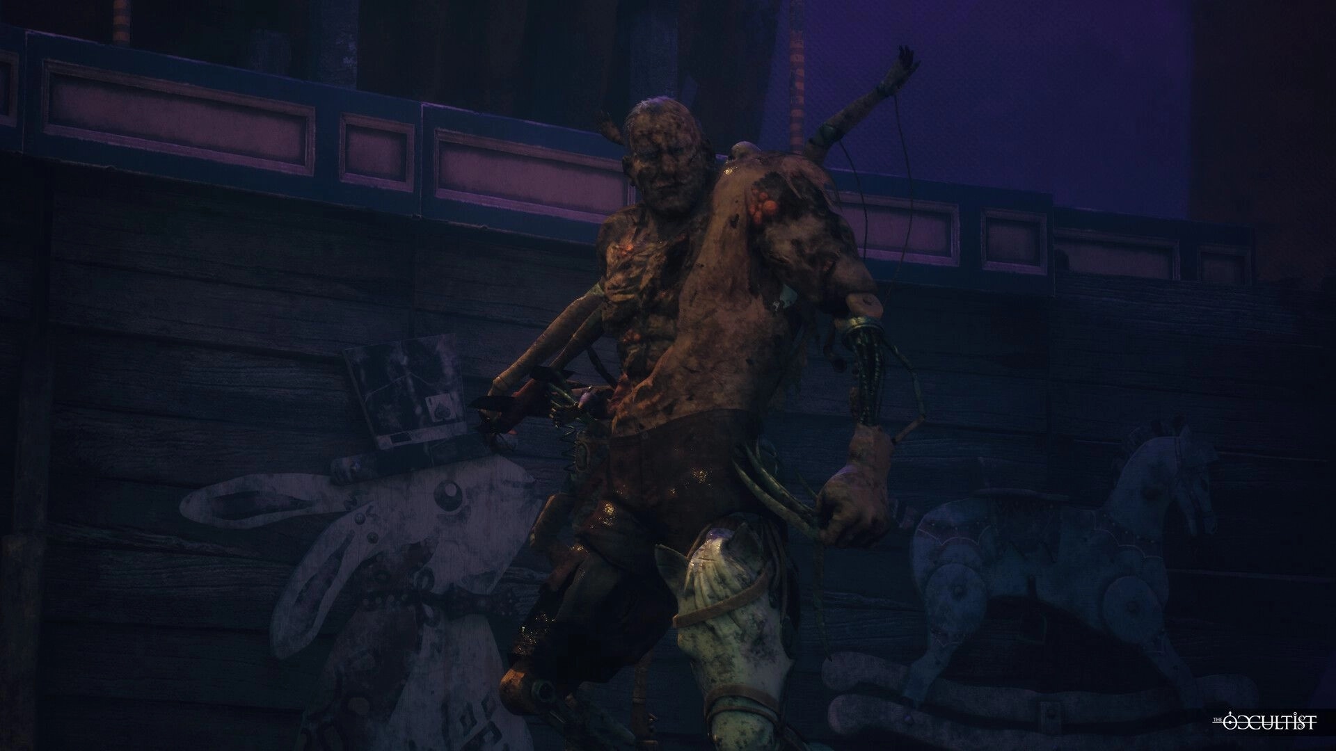 The Occultist: Mutated creature stands in eerie carnival setting with darkened wooden backdrop.