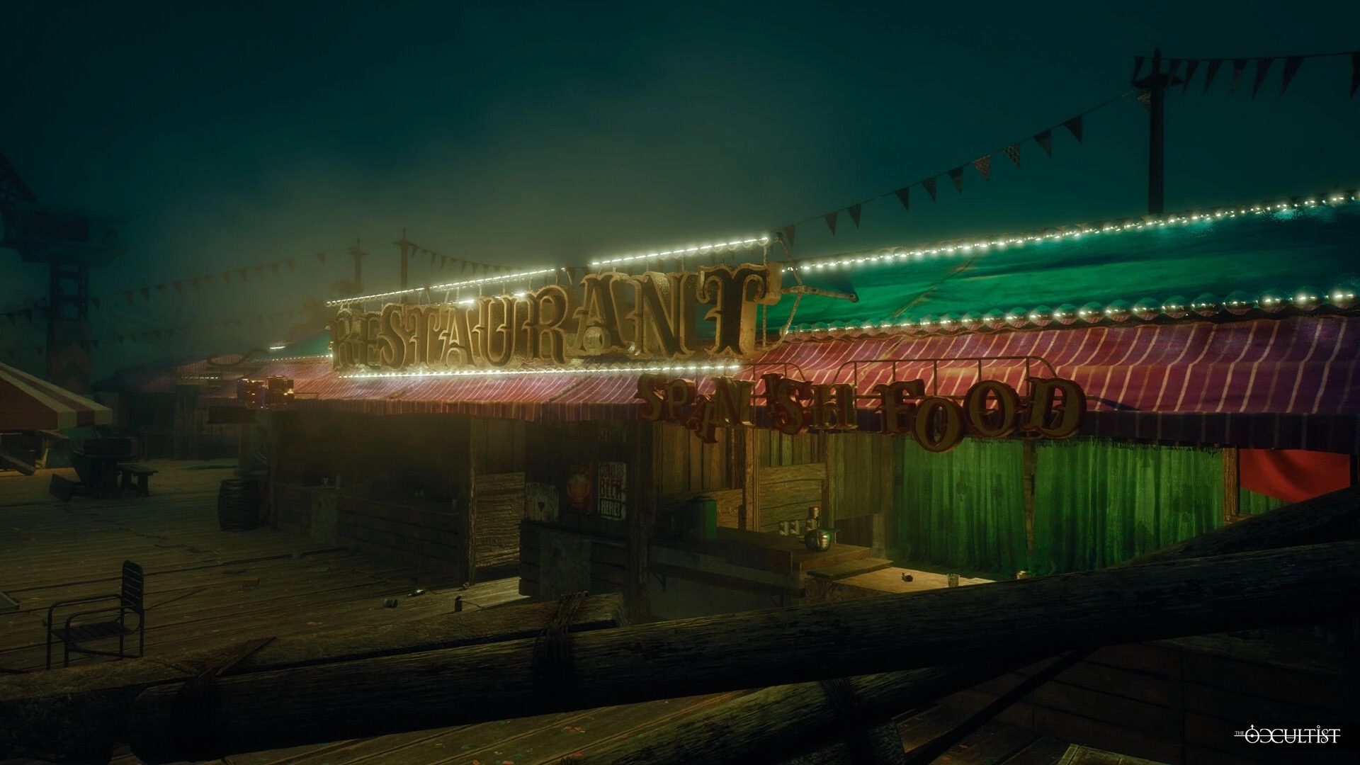 The Occultist: Dimly lit restaurant facade with vintage signage on GodStone island's eerie docks