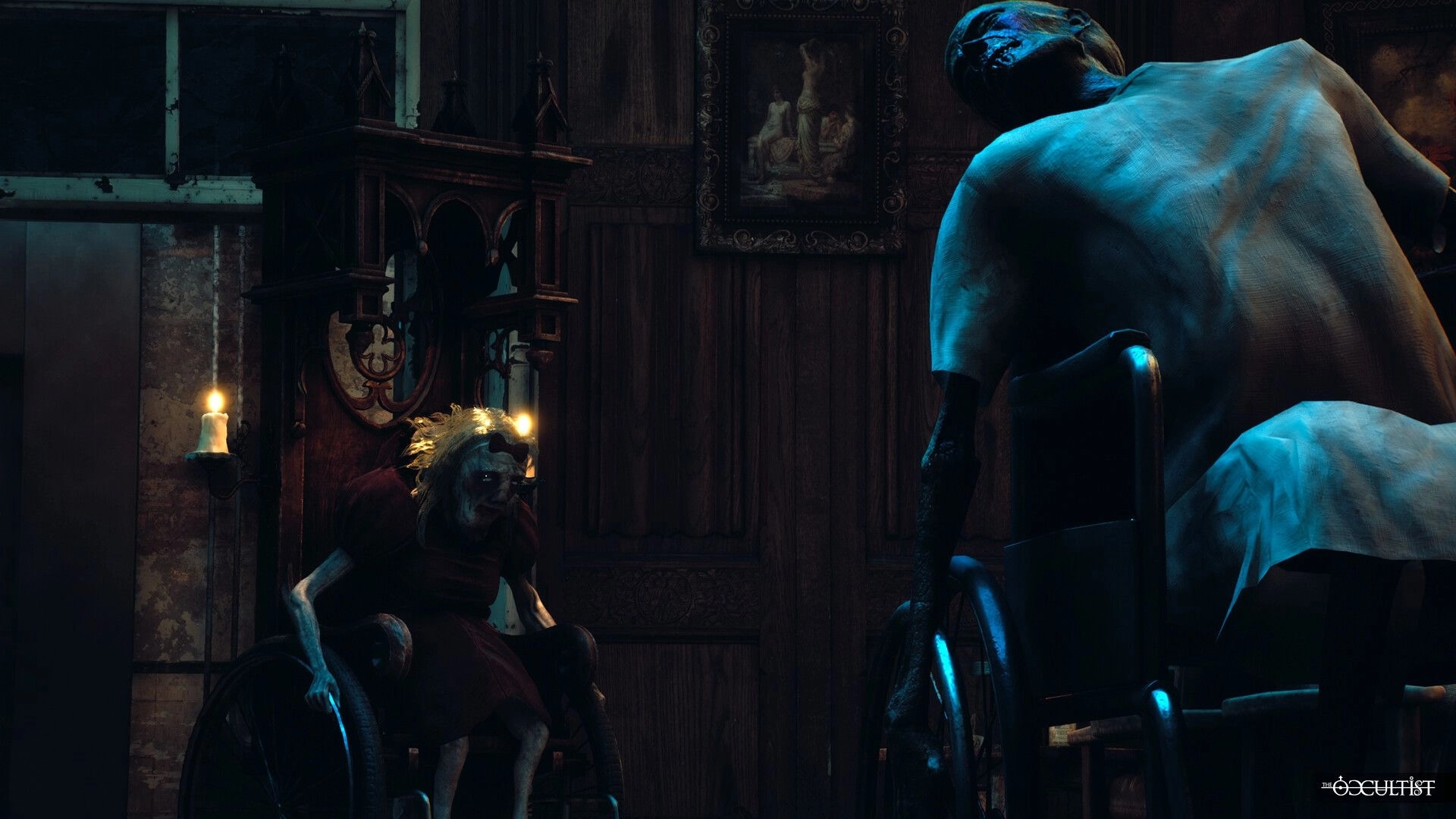 The Occultist: Two eerie figures in wheelchairs lit by candles in a dark, wood-paneled room.