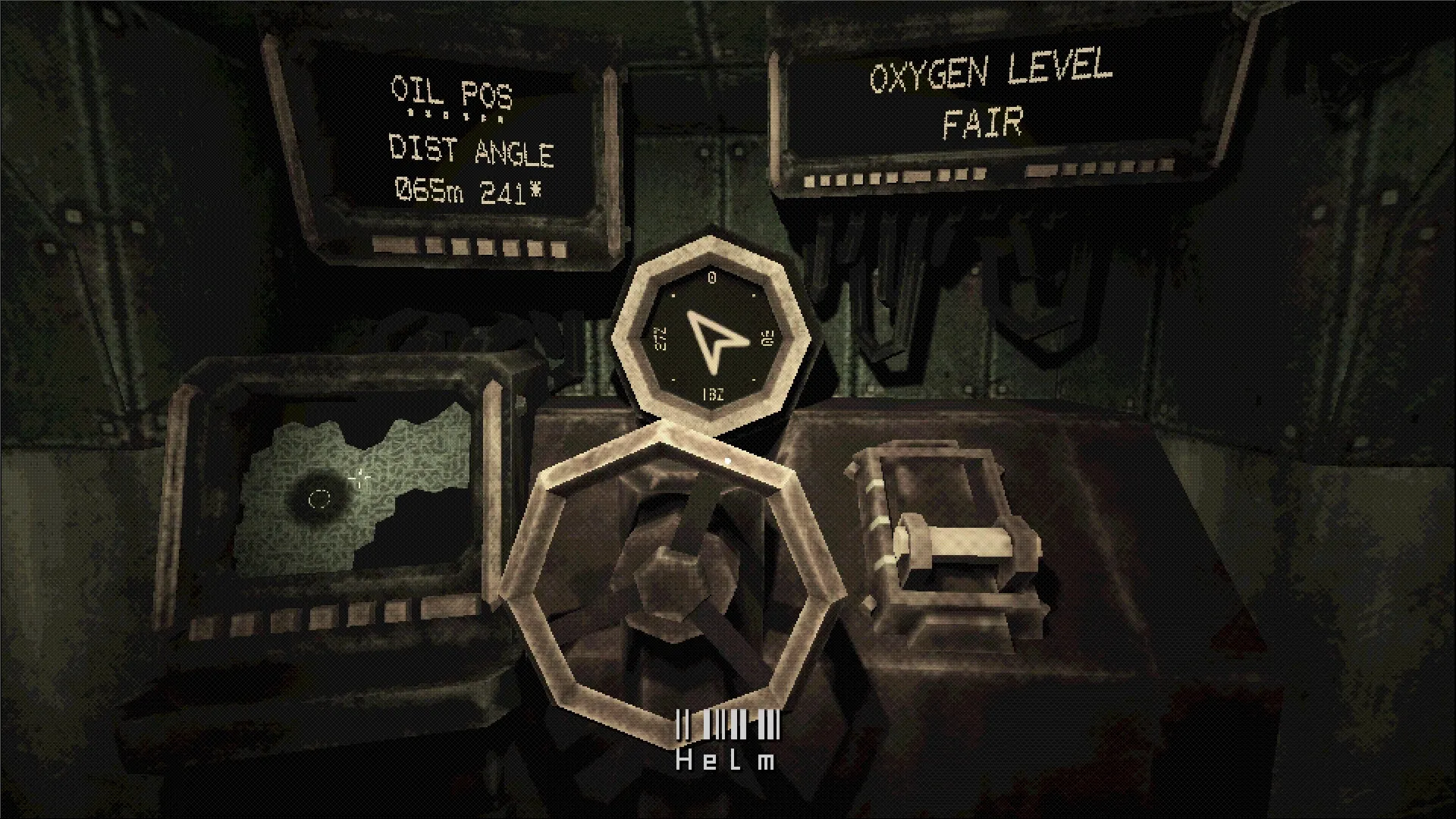 The Oily Depths: Submarine helm with oil position map and oxygen level indicator in dimly lit cabin