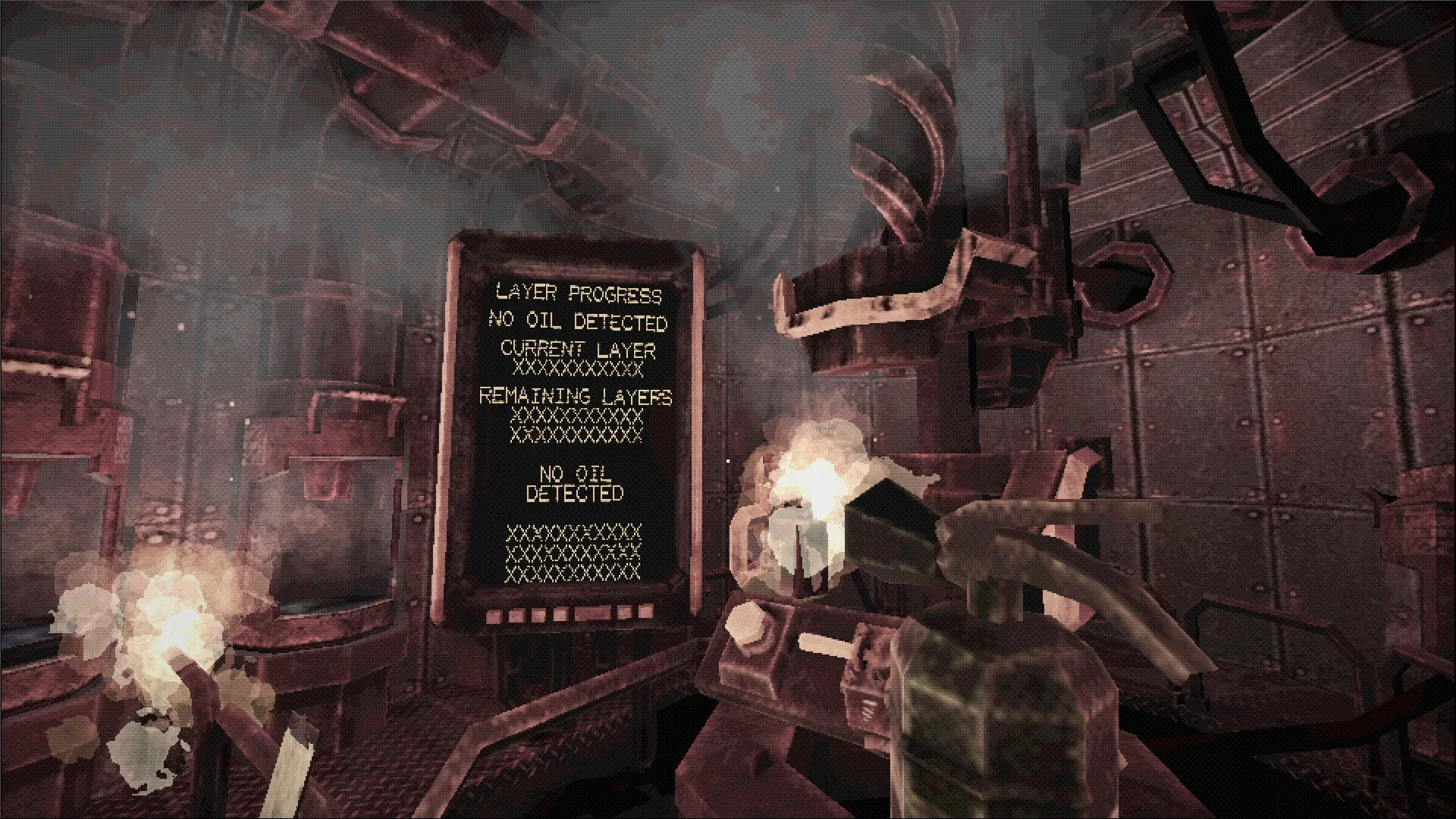 The Oily Depths: Submarine control room with oil layer progress screen and machinery in dim lighting.