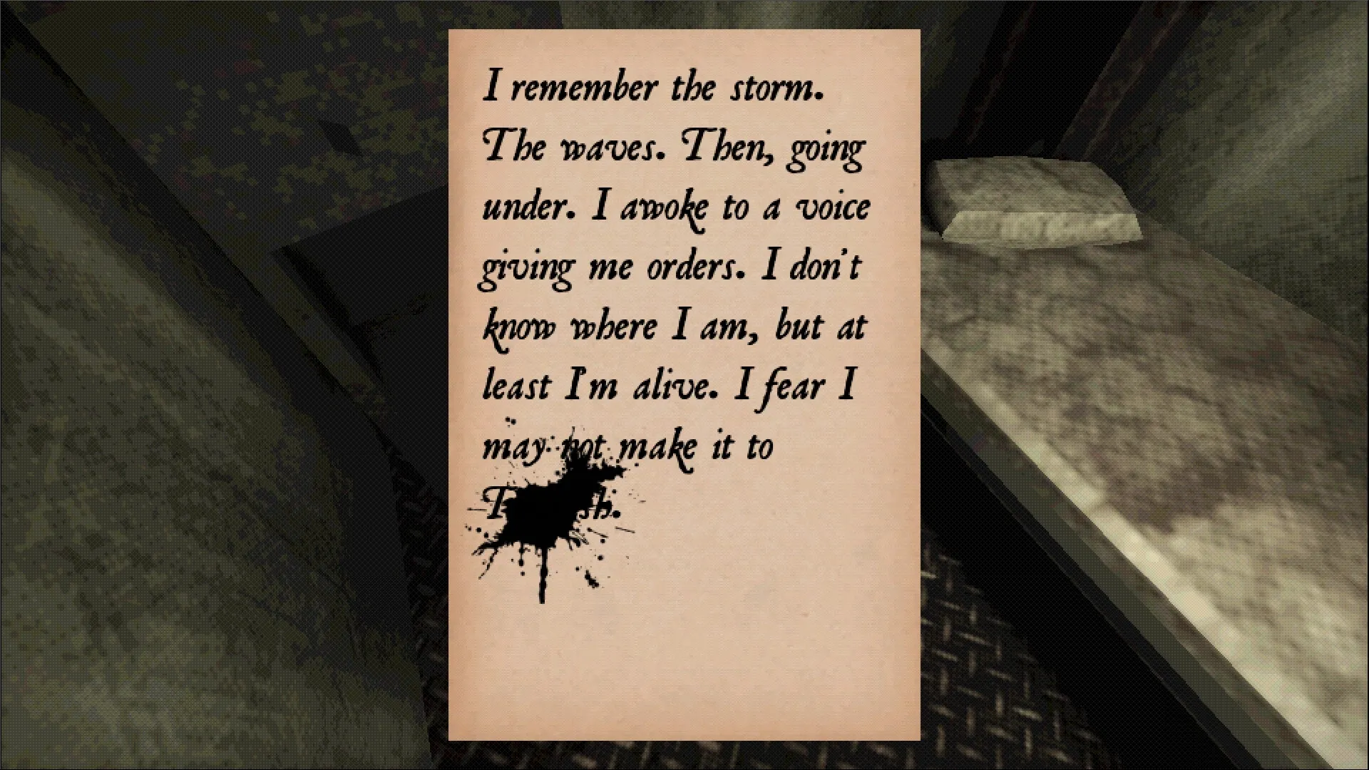 The Oily Depths: Handwritten note on bed in dimly lit submarine cabin, ink blot obscuring text
