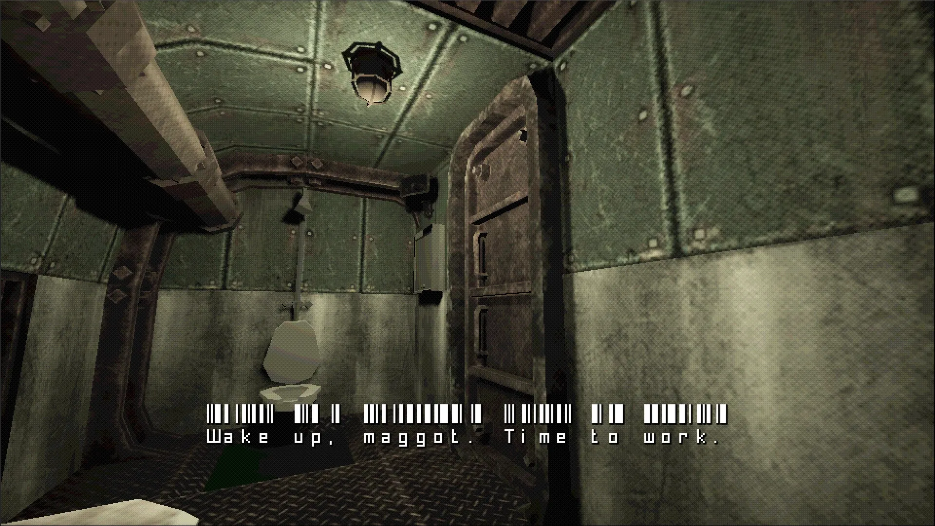 The Oily Depths: Submarine interior with metal walls and a toilet, displaying text dialogue at the bottom.