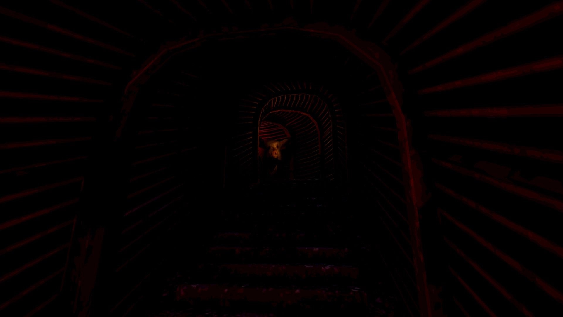 The Oink: First-person view up a dark red-lit tunnel stairway toward a glowing arched doorway.
