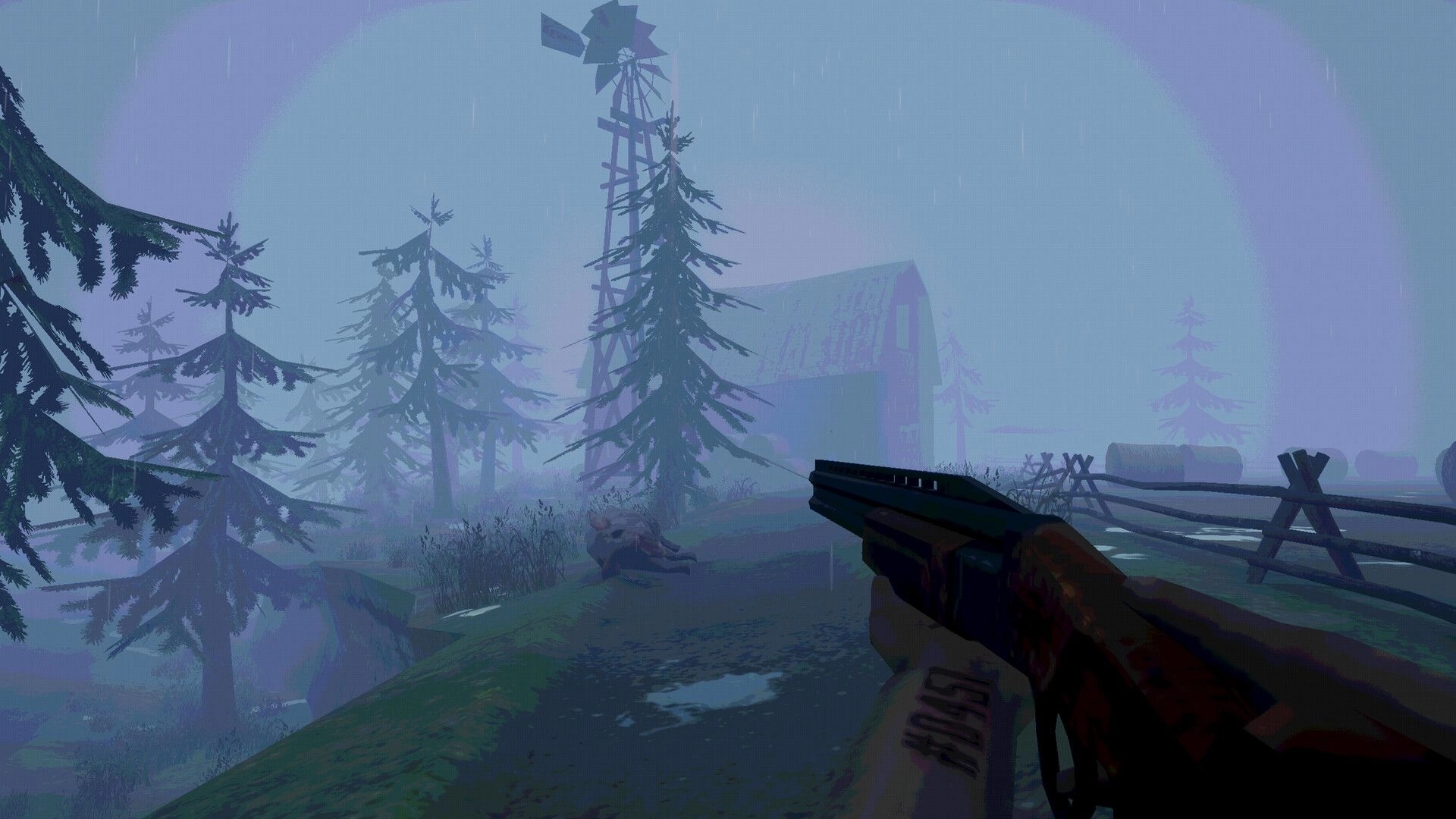 The Oink: First-person shotgun aimed at a pig on a rainy, foggy farm road near a barn and windmill.