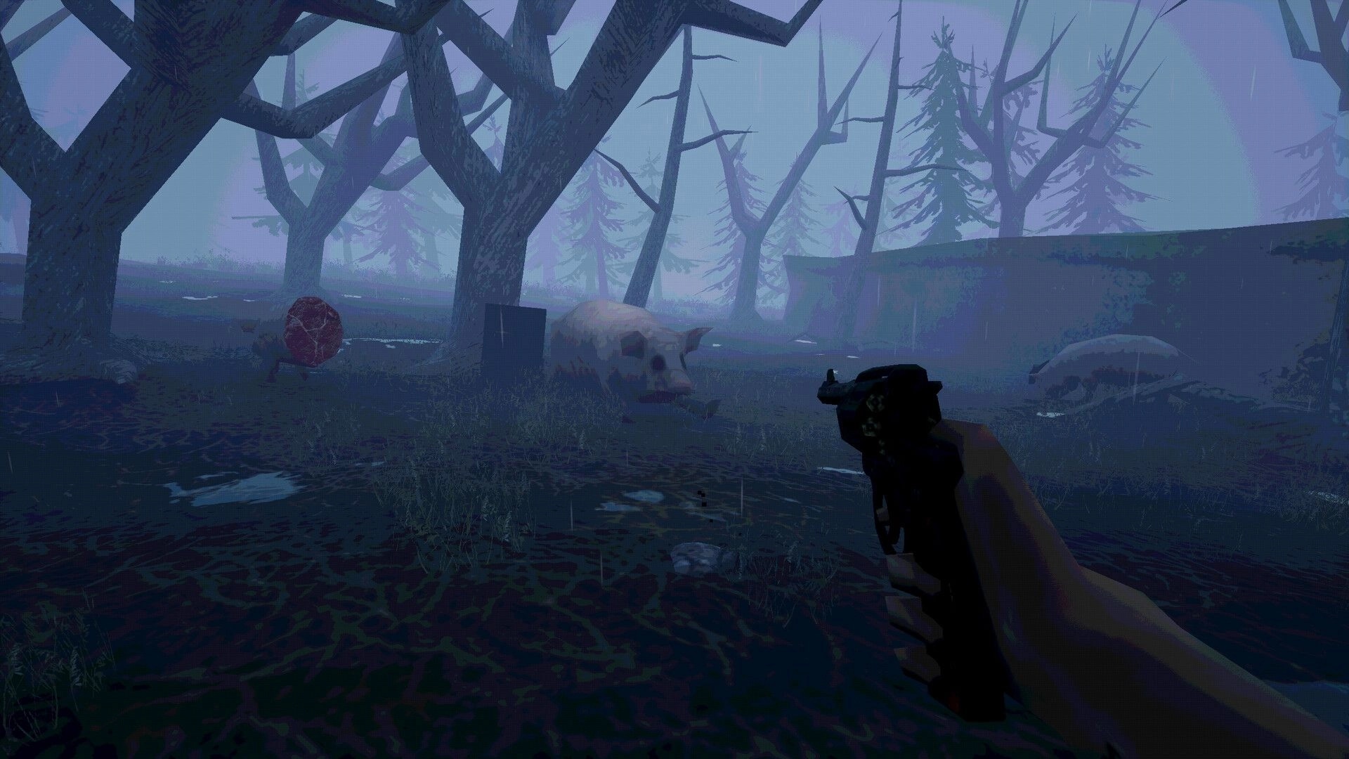 The Oink: First-person view aiming a pistol at a pig statue in a rainy, foggy forest clearing.