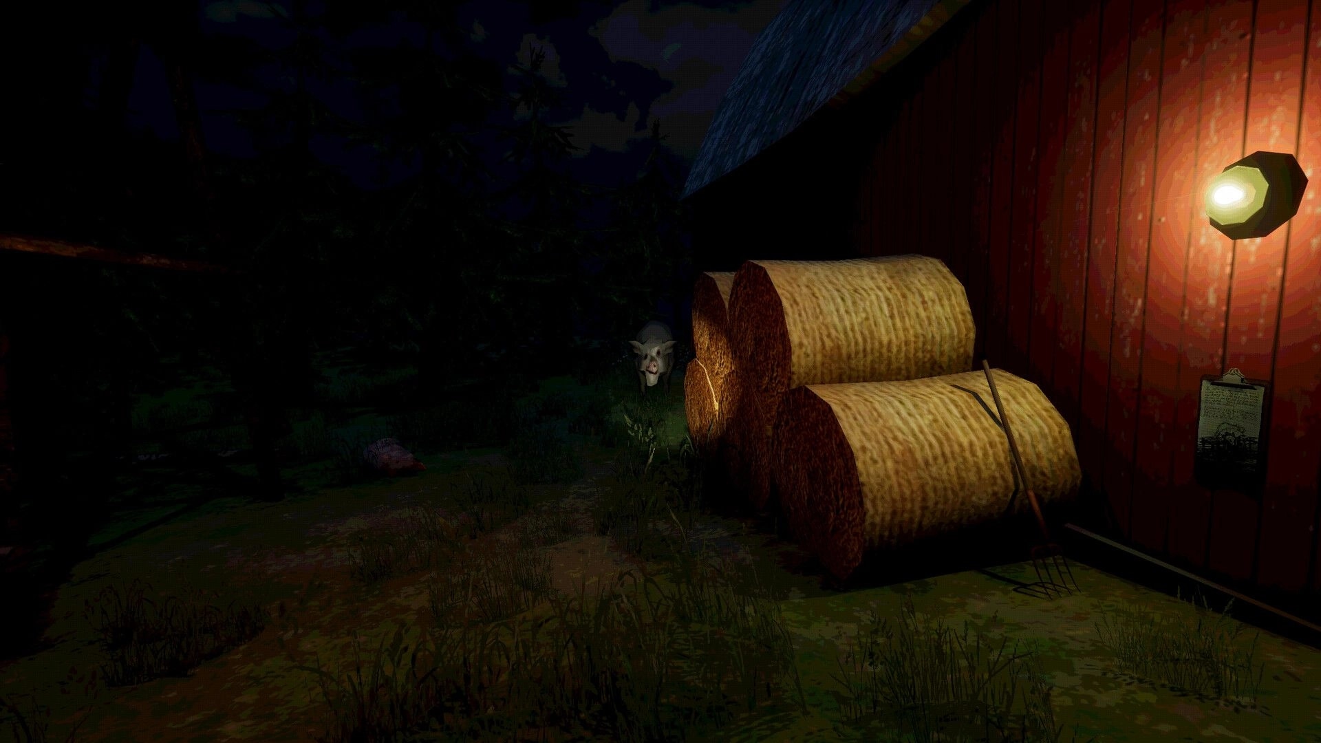The Oink: Pig peeks from dark treeline beside stacked hay bales and a lit red barn wall at night.