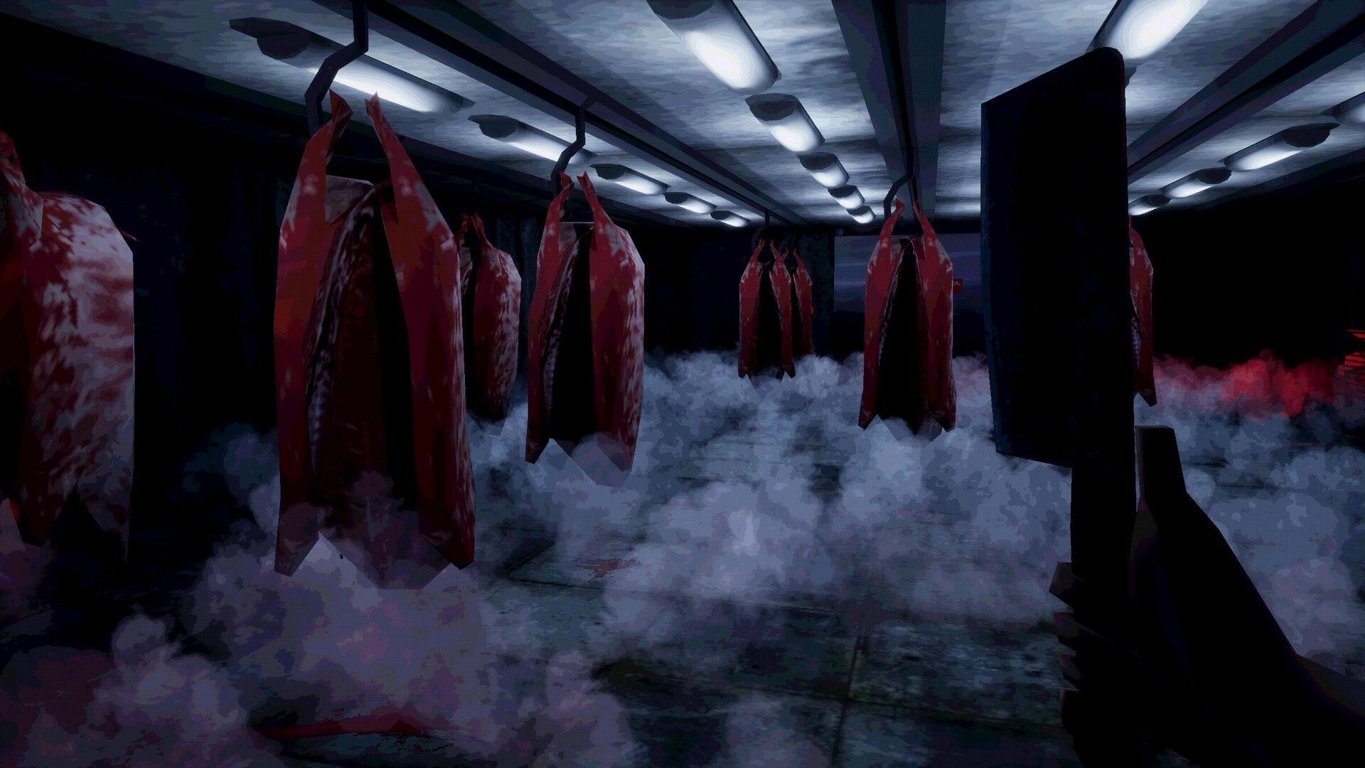 The Oink: Meat carcasses hang from hooks in a foggy freezer corridor under harsh fluorescent lights.