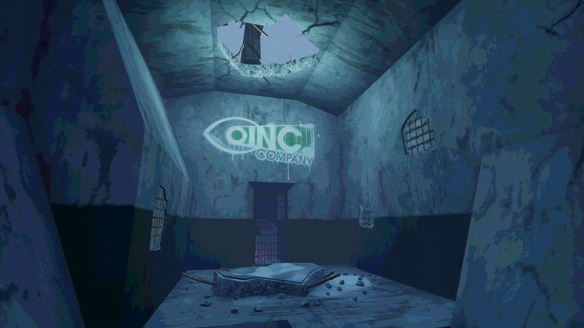 The Oink: Crumbling room with OINK COMPANY wall logo, barred windows, and a hole in the ceiling.