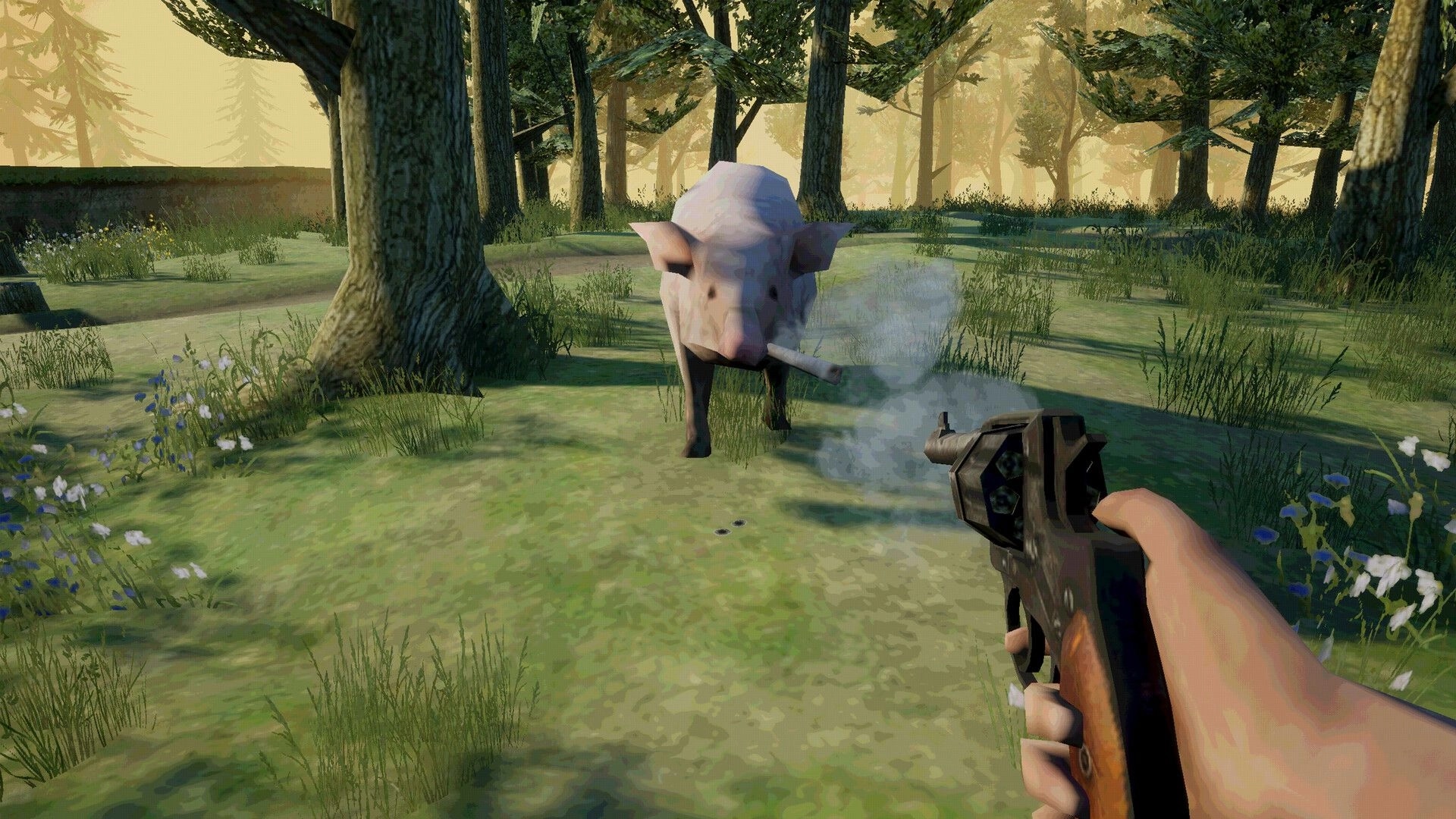 The Oink: First-person view aiming a smoking pistol at a pig in a sunlit forest clearing.