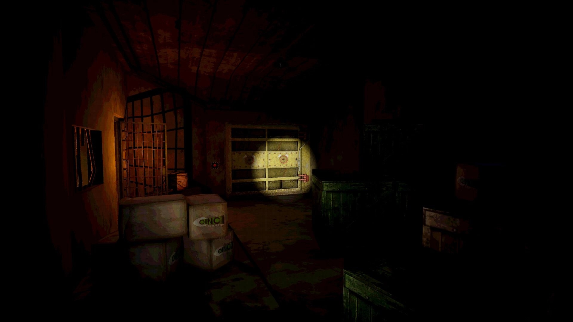 The Oink: Flashlight illuminates a metal door and crates in a dark, grimy slaughterhouse corridor.