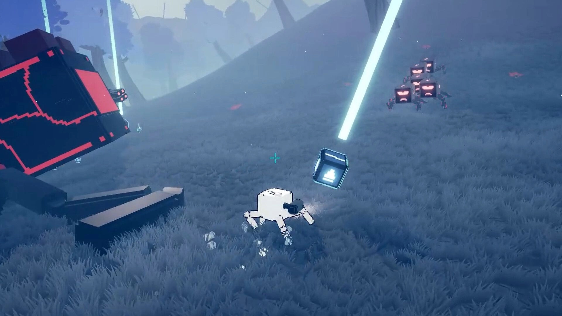 The Only Droid: Small white droid aims crosshair at spider bots in foggy field with light pillars.