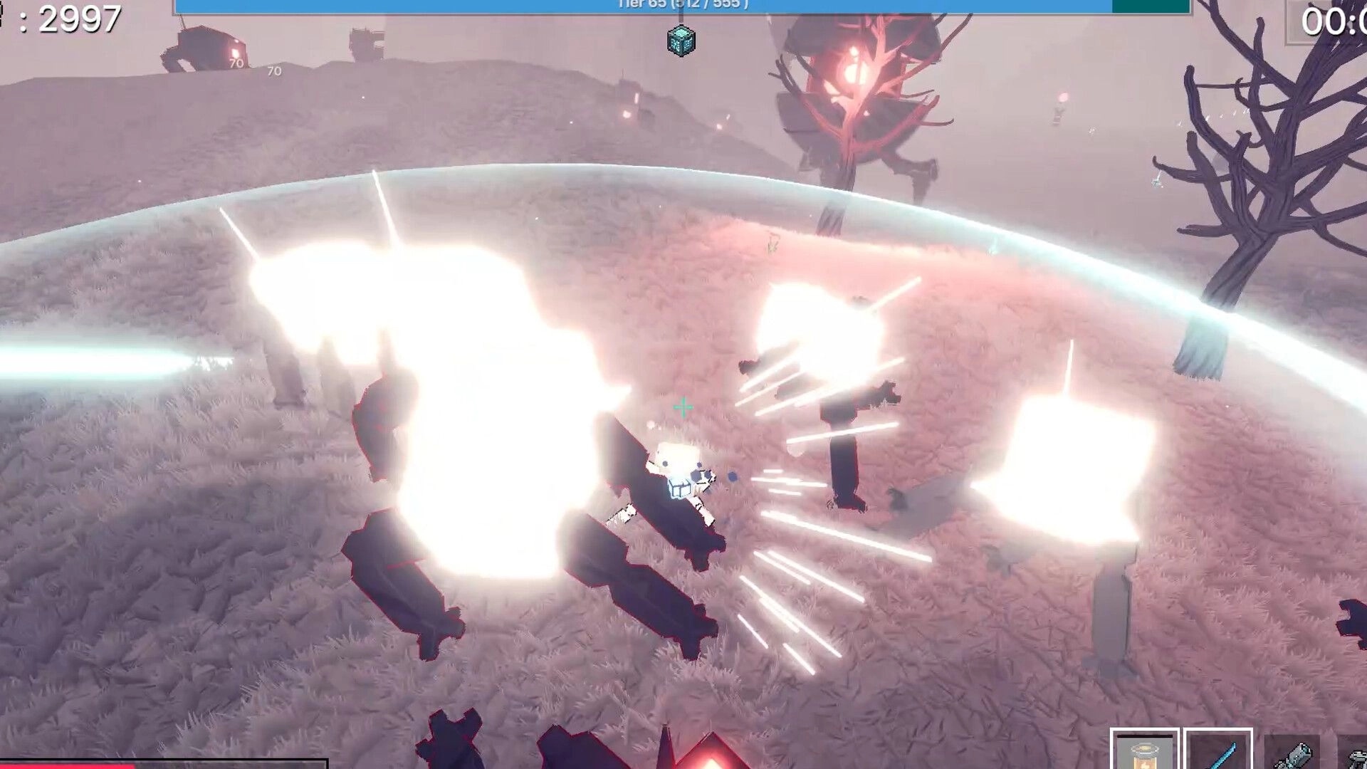 The Only Droid: Droid triggers bright explosions in a foggy field, HUD timer and health bar visible.