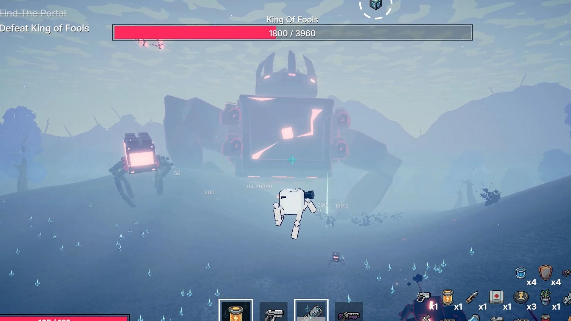 The Only Droid: Boss fight vs King of Fools with huge robot and HP bar in foggy hills.