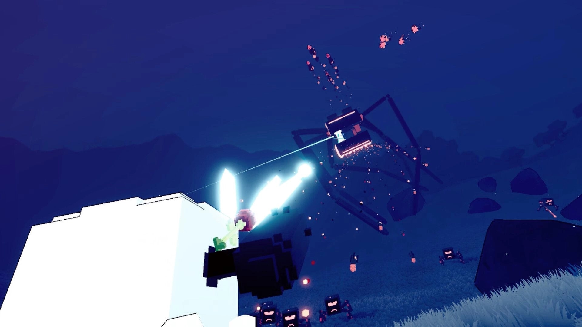 The Only Droid: Bright energy beam hits a giant spider robot over dark hills amid flying debris.