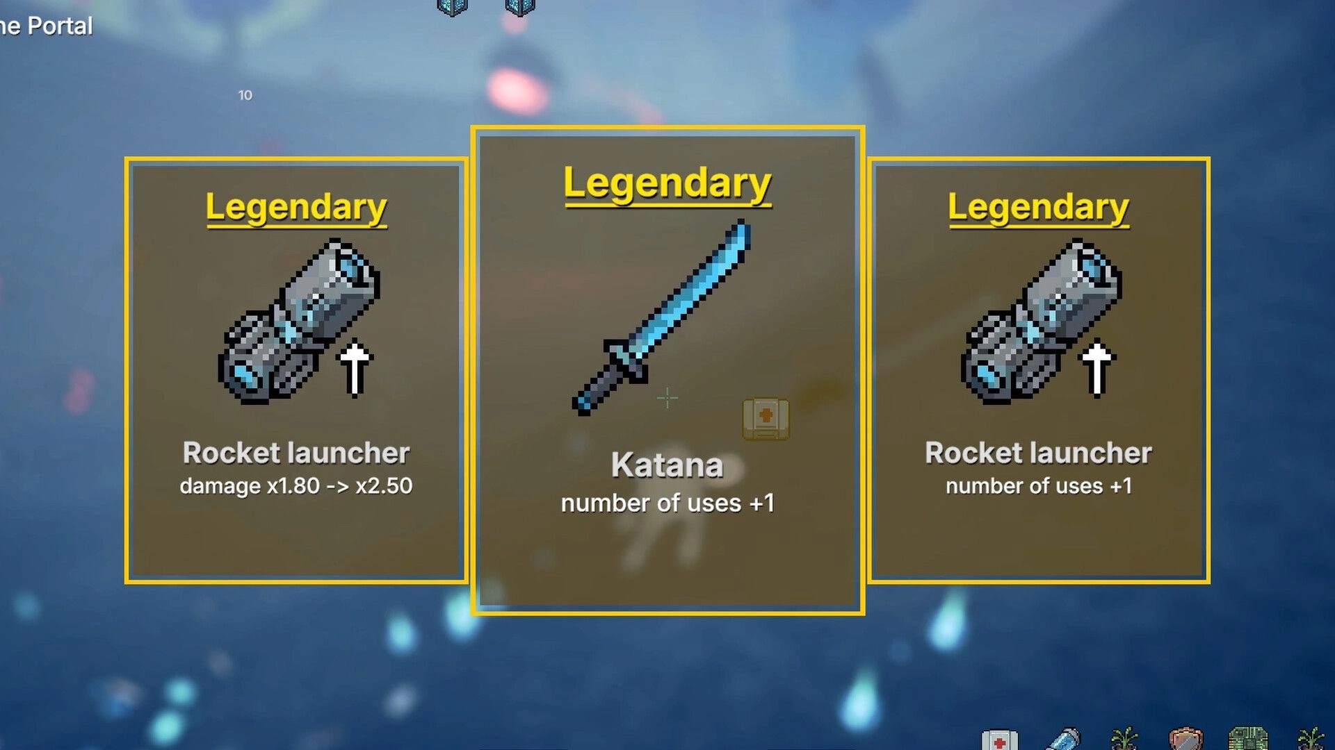 The Only Droid: Legendary loot choice menu with rocket launcher and katana upgrades over blurred arena background.