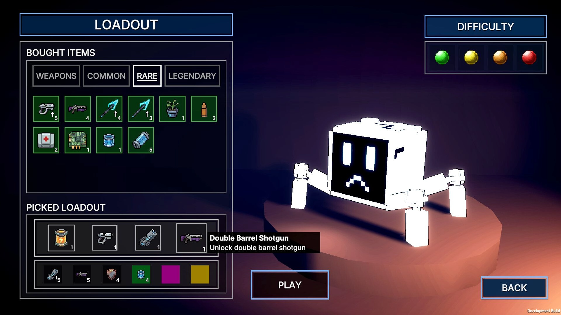 The Only Droid: Loadout screen with bought items and difficulty icons beside a boxy droid model.