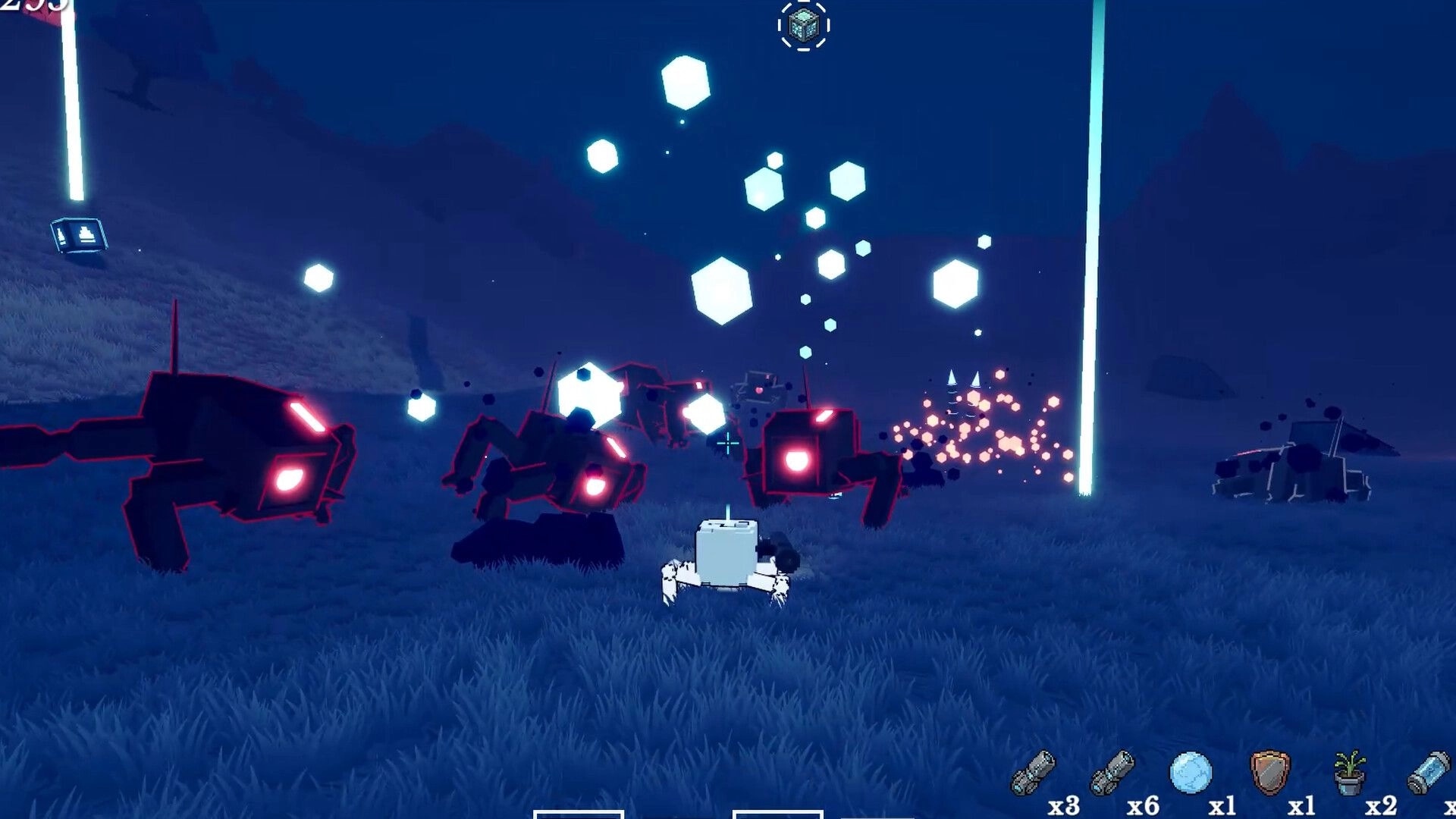 The Only Droid: Droid battles red spider robots with crosshair and loot in a dark grassy field.