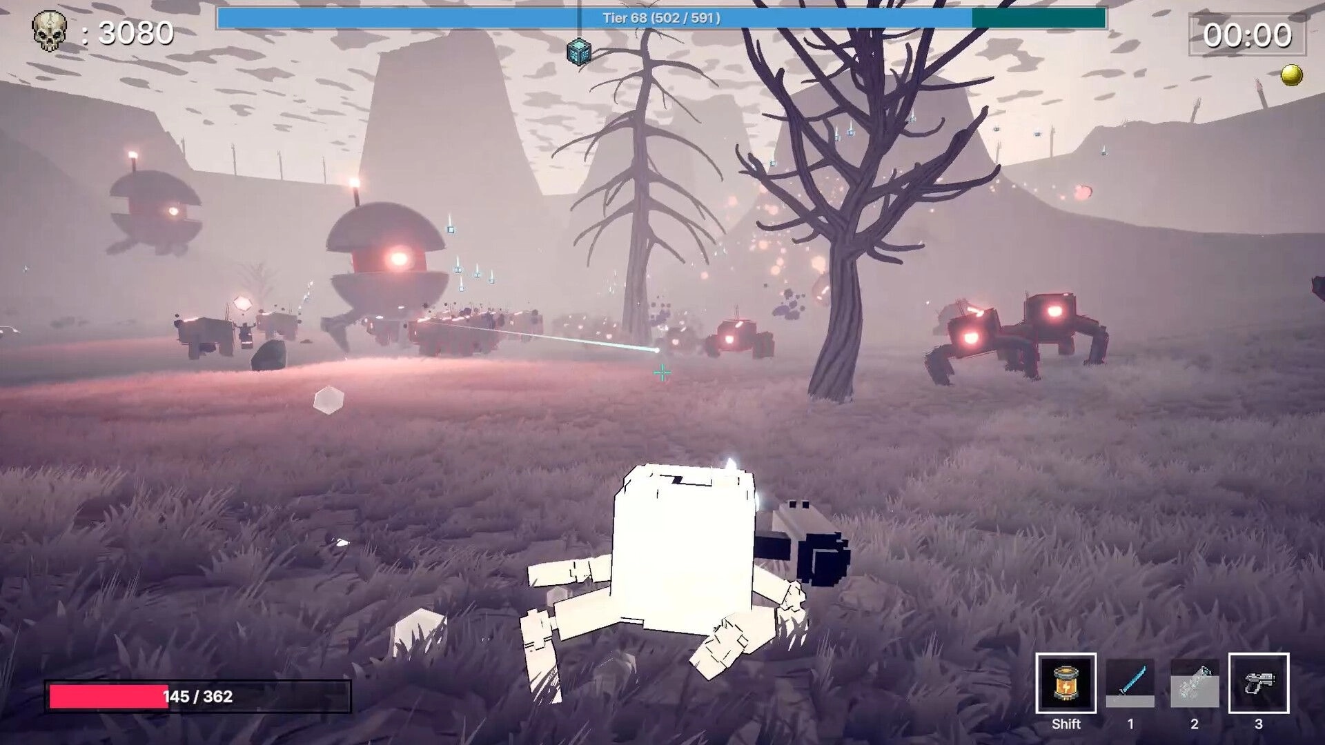 The Only Droid: Robot fires at spider bots in foggy field, tier bar, timer, and health UI visible.