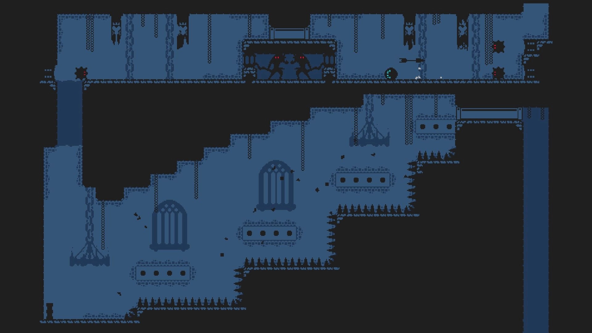 The Pale Piper: Player navigating a dark, cavernous dungeon with spikes and shadowy creatures lurking.