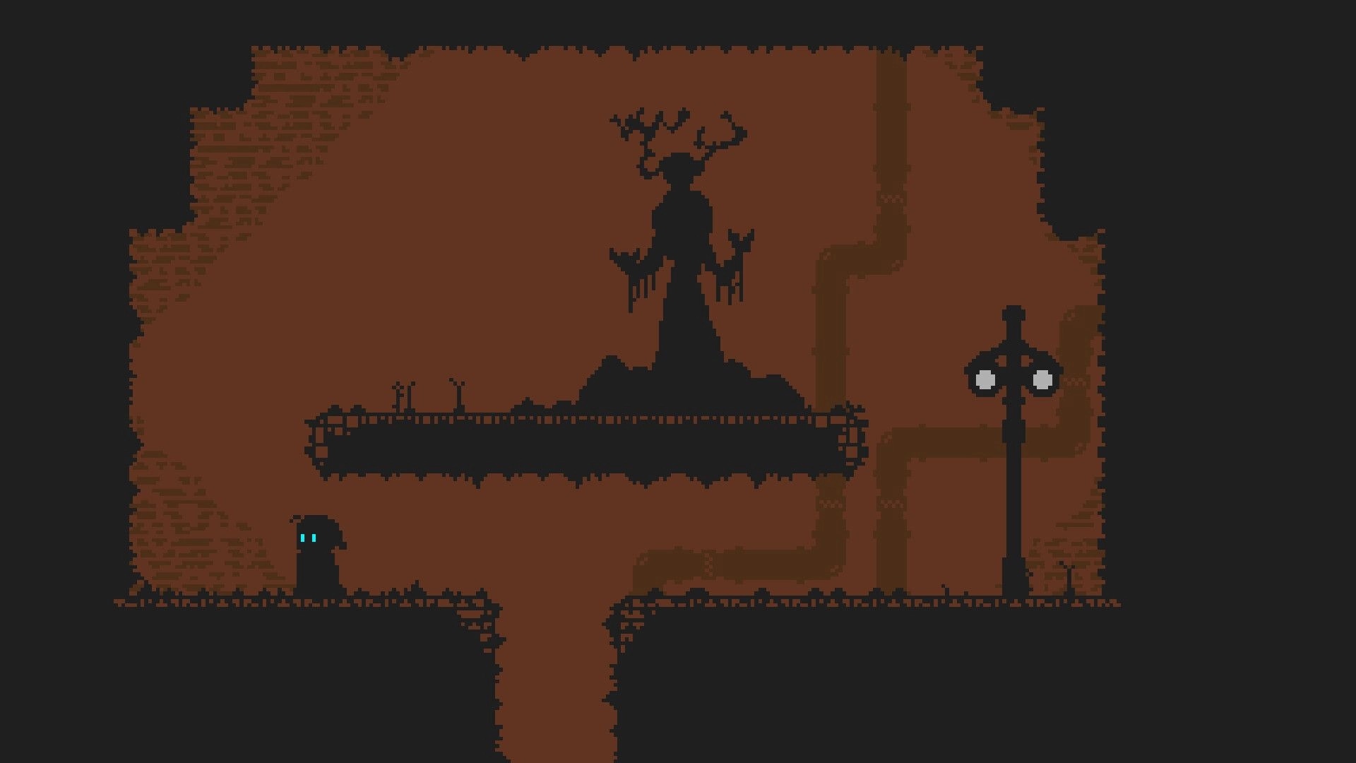 The Pale Piper: Hooded character stands near a lamppost in a dark cavern with a shadowy statue above