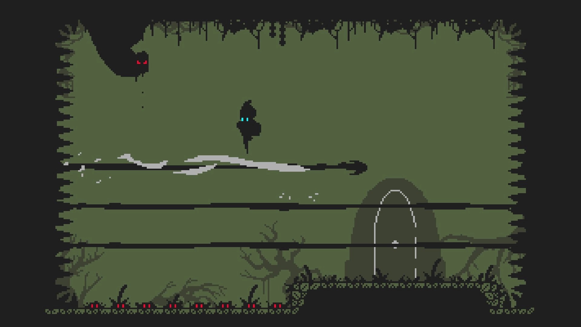 The Pale Piper: Character mid-jump with glowing eyes in a dark, eerie forest with lurking red-eyed creature.