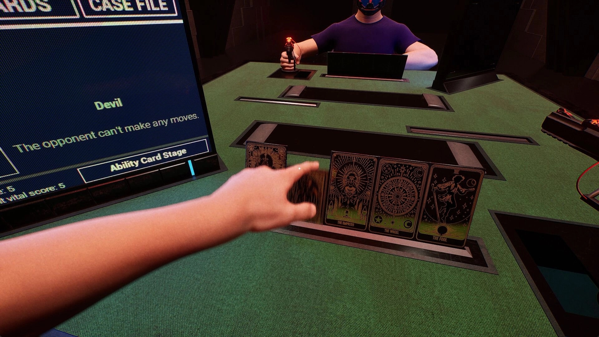 The Panopticon: Player selects ability cards during a strategic duel in a bunker-like facility setting.