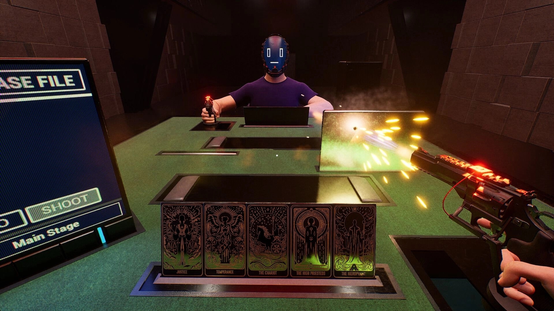 The Panopticon: Duel scene with masked opponent, card deck, and gunfire in futuristic facility