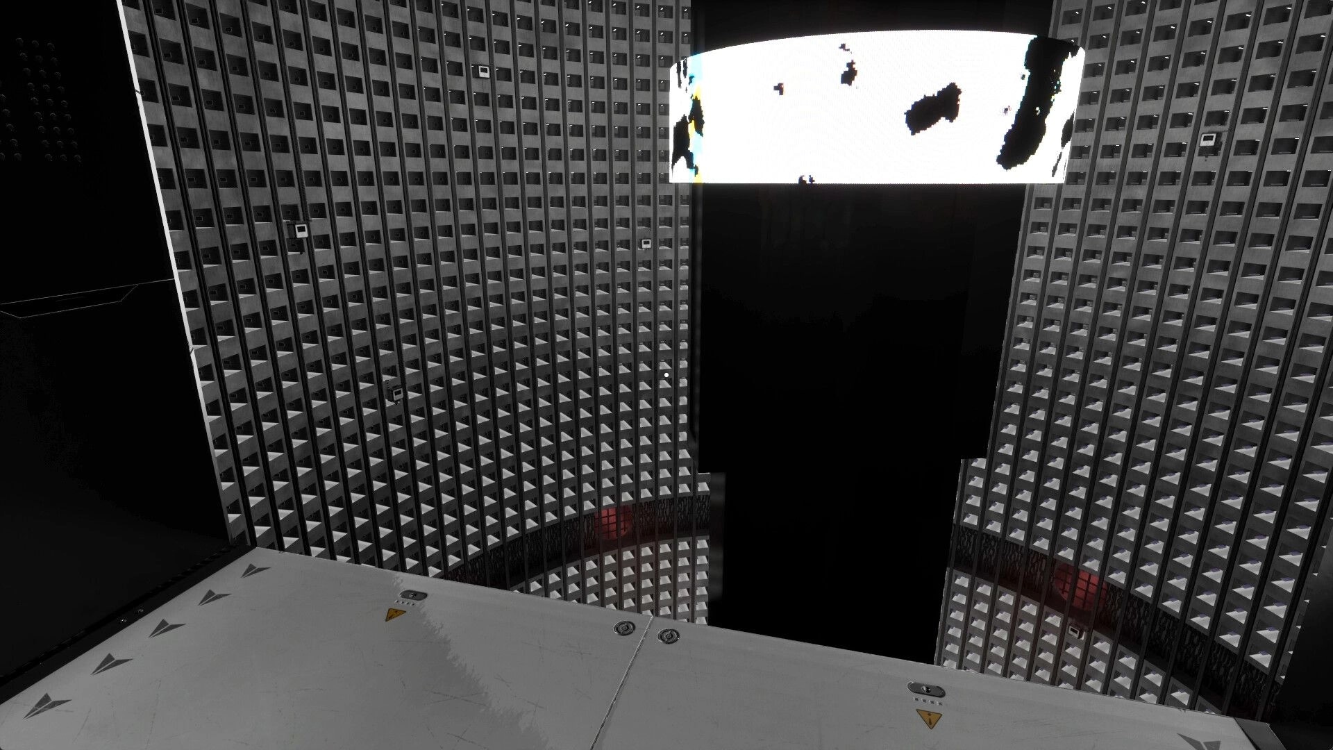 The Panopticon: Observation chamber with towering walls of cells and central digital display screen.