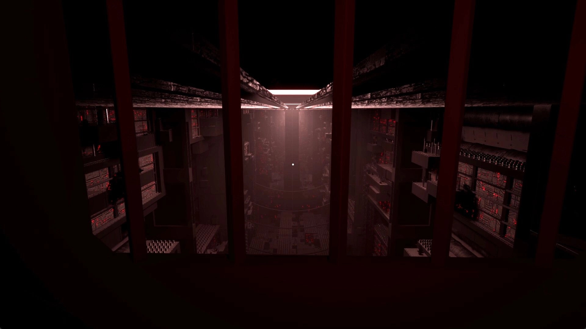 The Panopticon: Dimly lit futuristic facility interior with towering walls and red-lit control panels